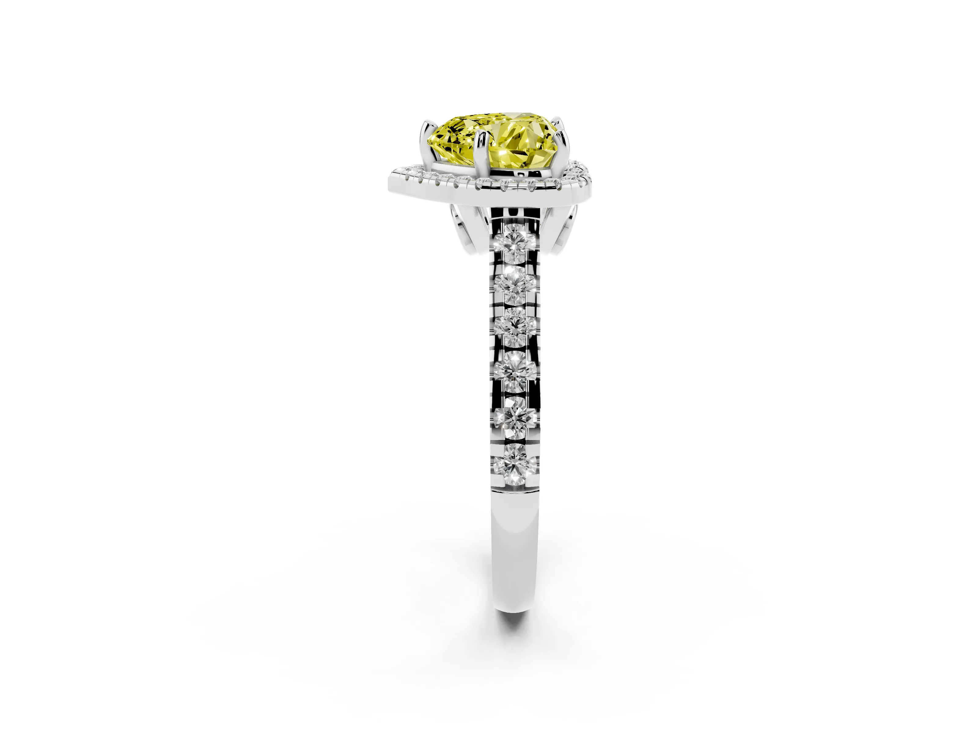Fancy Yellow Heart Cut Diamond Halo Engagement Ring Set in Platinum with Pavé Band and Prong-Set Center