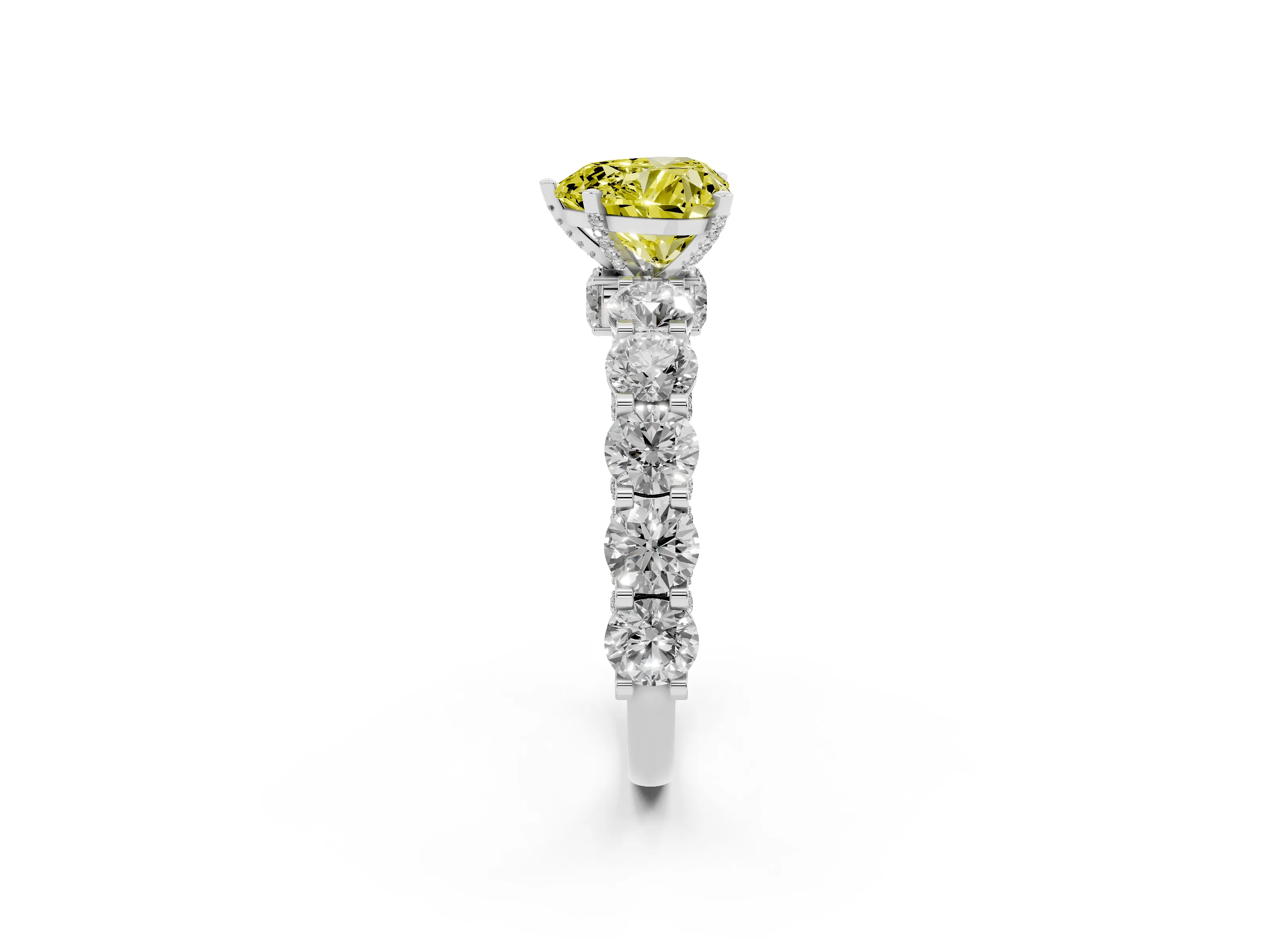 Fancy Yellow Heart Cut Diamond Side Stone Ring Set in White gold with Alternating Round and Oval Side Stones