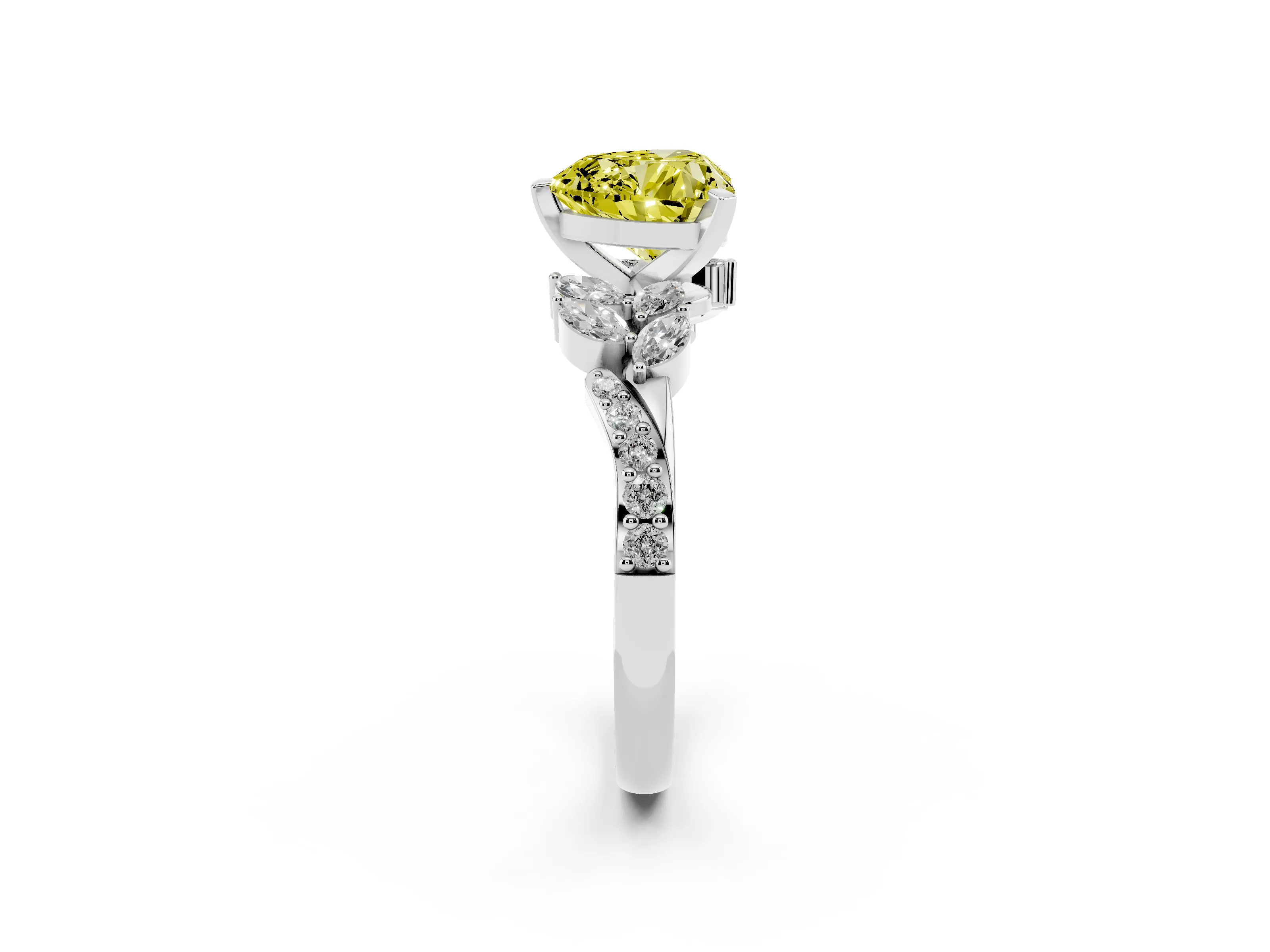 Fancy Yellow Heart Cut Diamond Solitaire Ring Set in Silver with Marquise Twist Band and Prong Setting