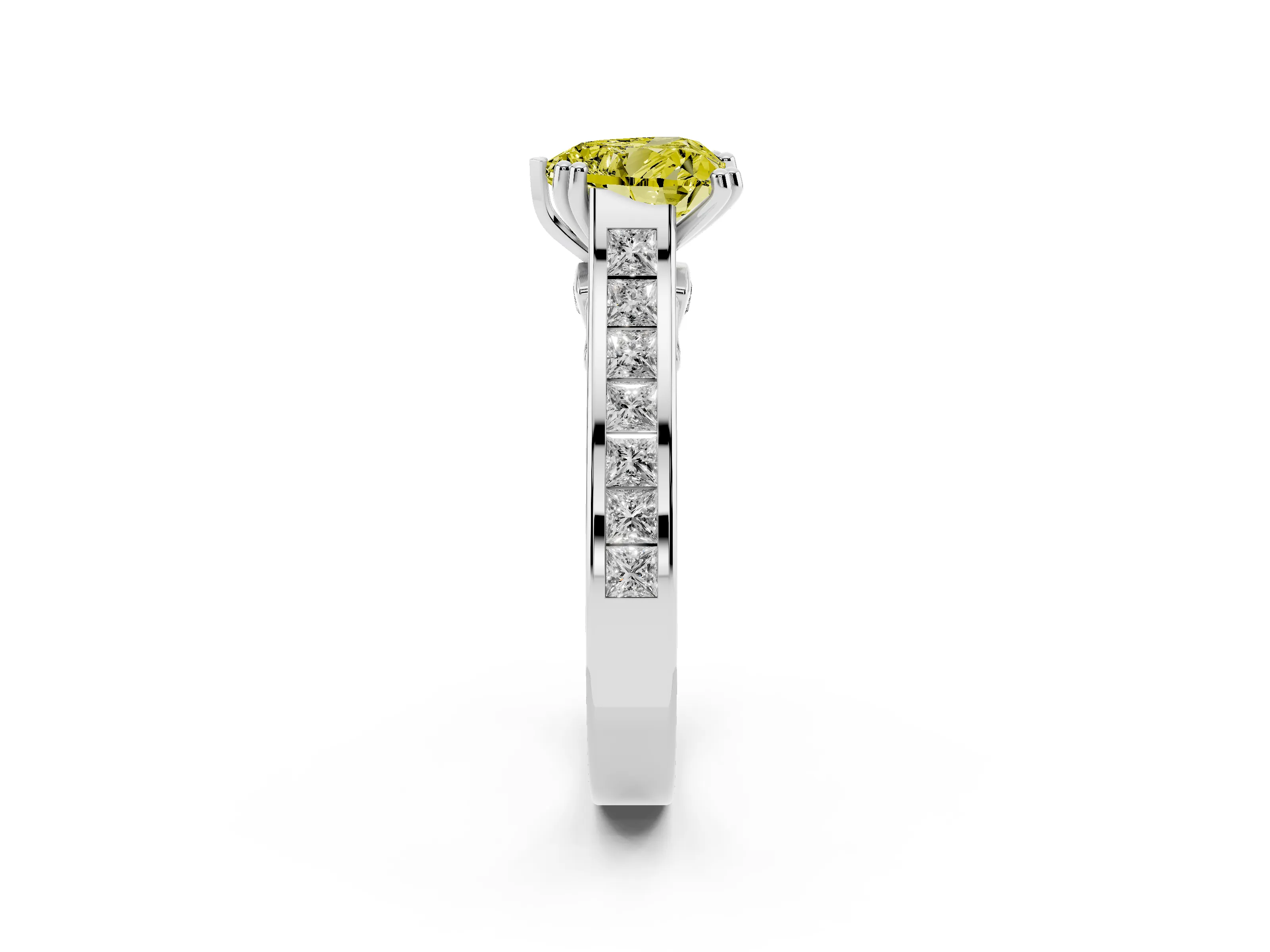 Fancy Yellow Heart Cut Diamond Channel Set Solitaire Engagement Ring Set in Platinum with Prong Setting