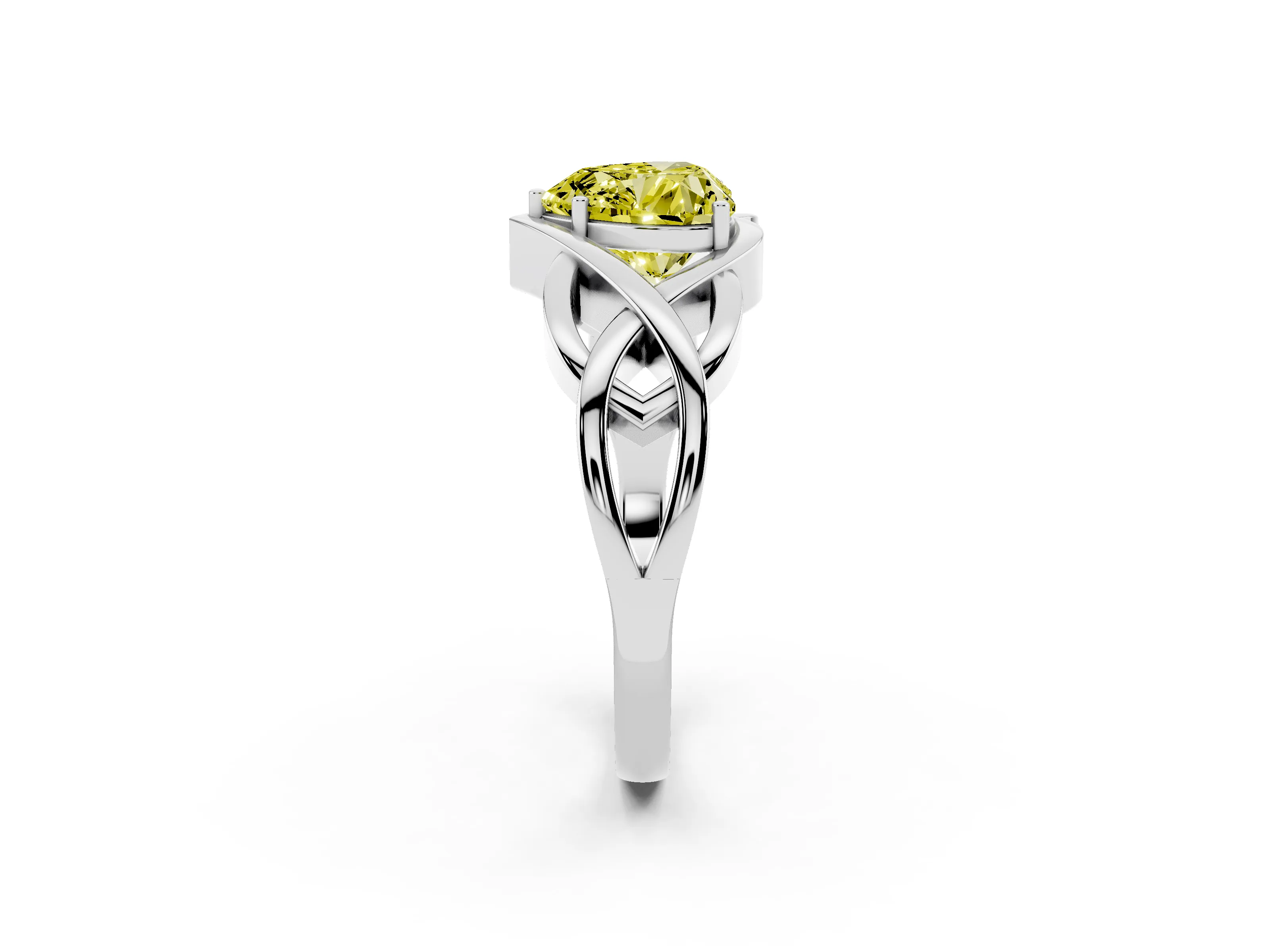 Fancy Yellow Heart Cut Diamond Solitaire Ring Set in White gold with Intertwined Band