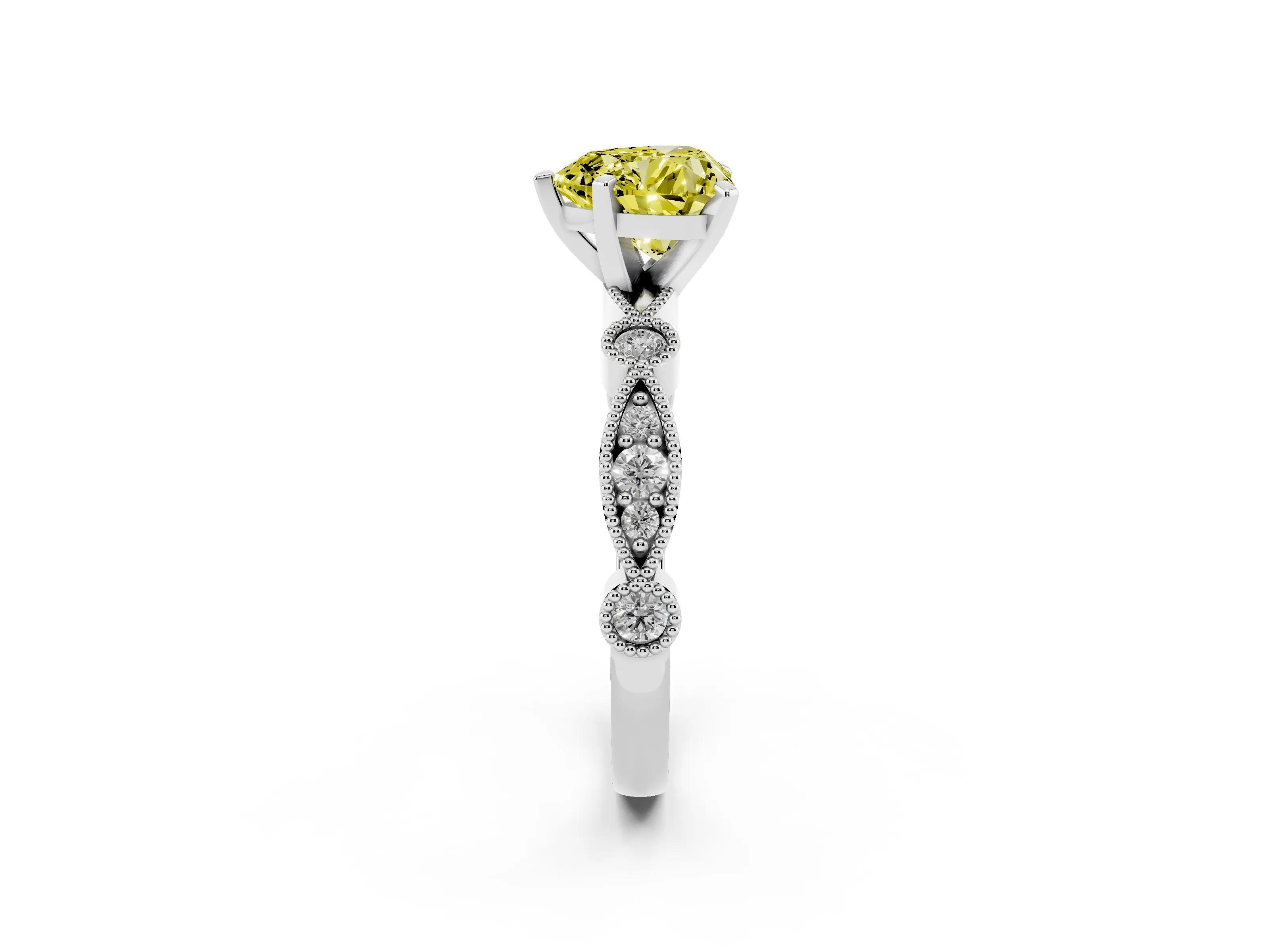 Fancy Yellow Heart Cut Diamond Solitaire Engagement Ring Set in Silver with Milgrain Bezel Accent Band