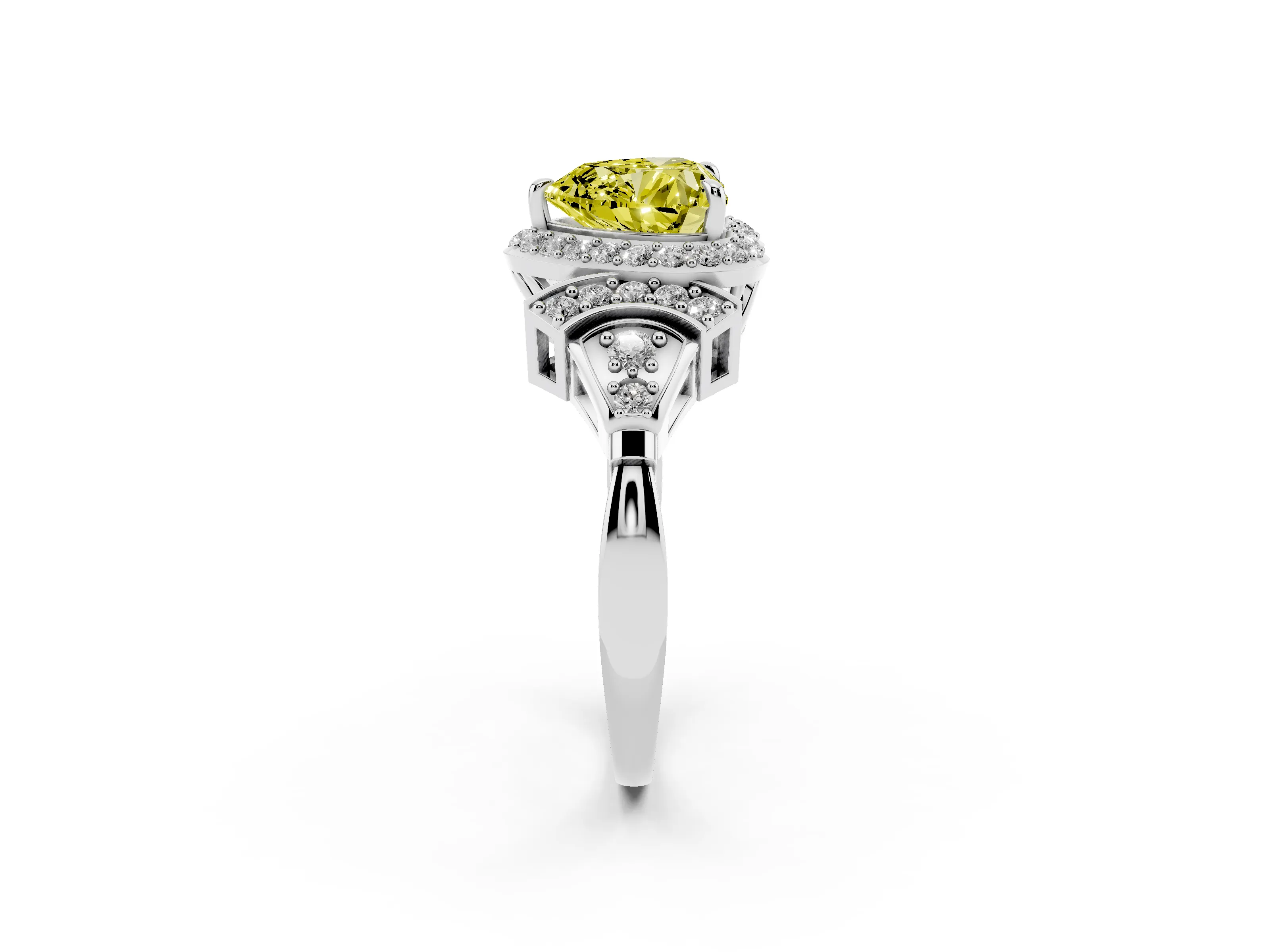 Fancy Yellow Heart Cut Diamond Halo Engagement Ring Set in White gold with Accent Stone Split Shank