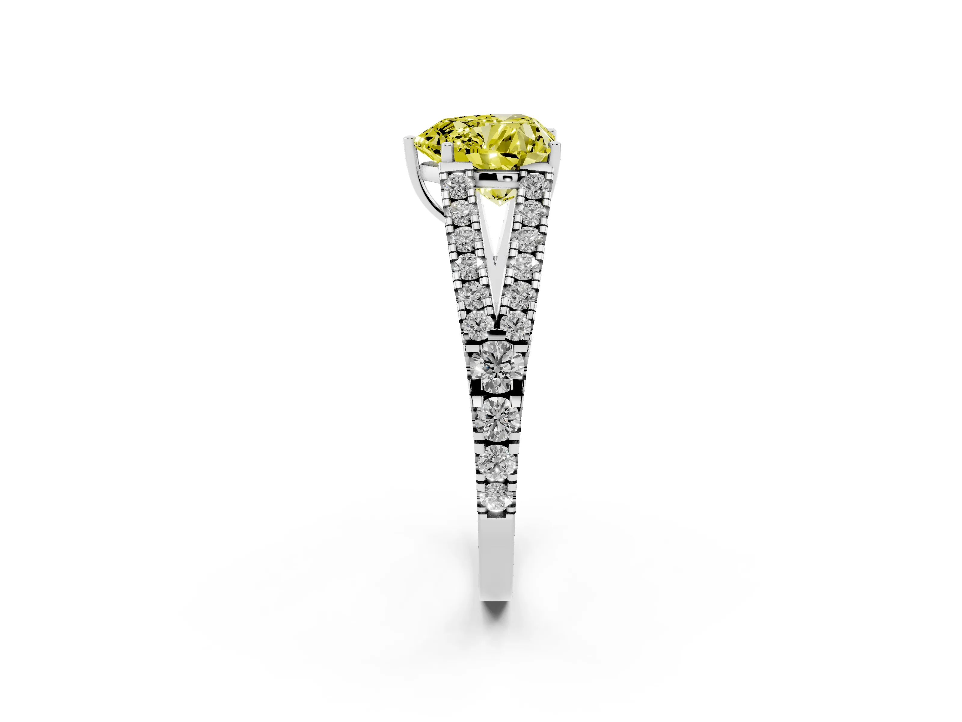 Fancy Yellow Heart Cut Diamond Split Shank Pavé Engagement Ring Set in Platinum with Prong-Held Center Stone