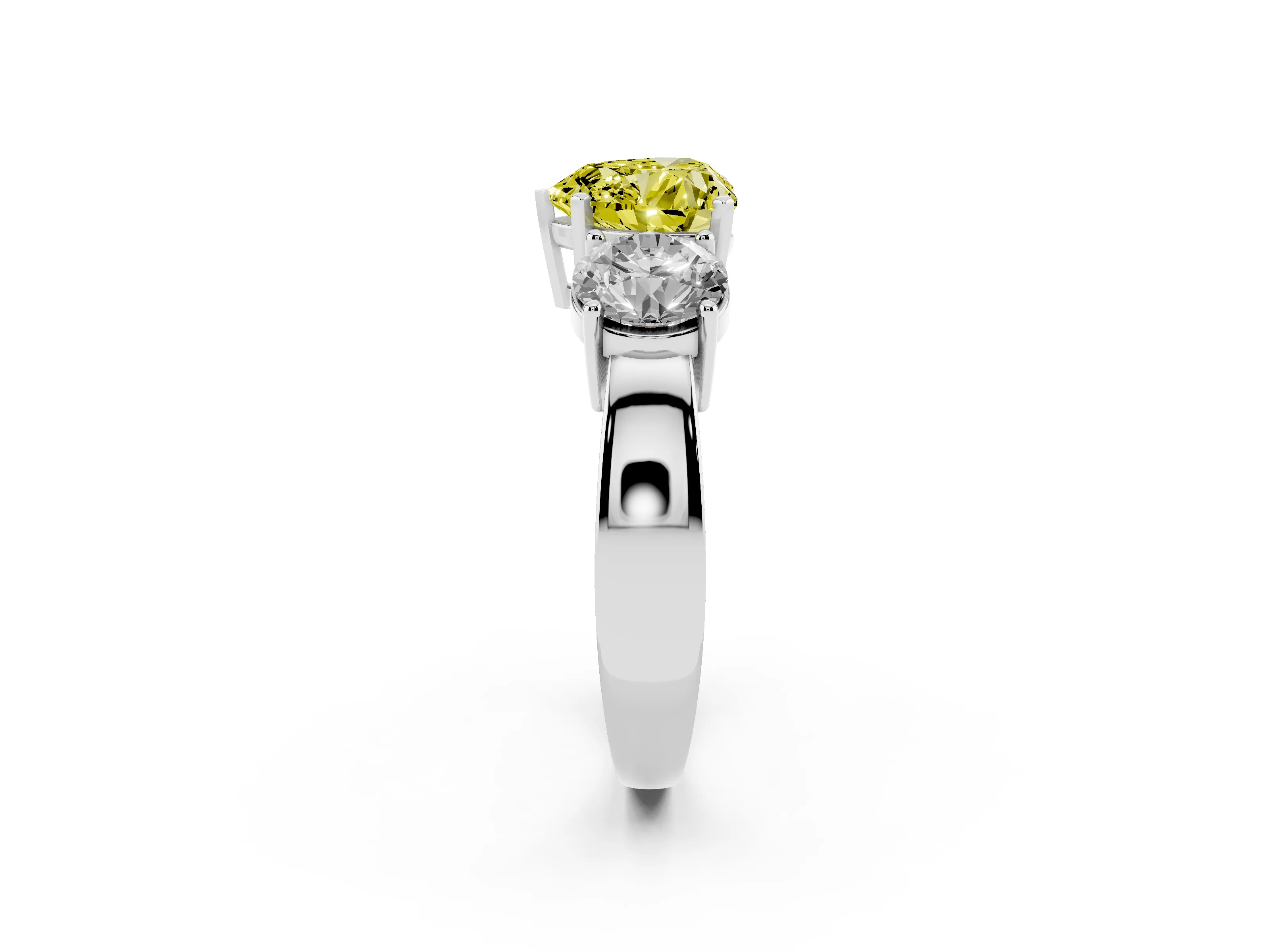 Fancy Yellow Heart Cut Diamond Three-Stone Ring Set in White gold with Round Side Stones and Classic Band