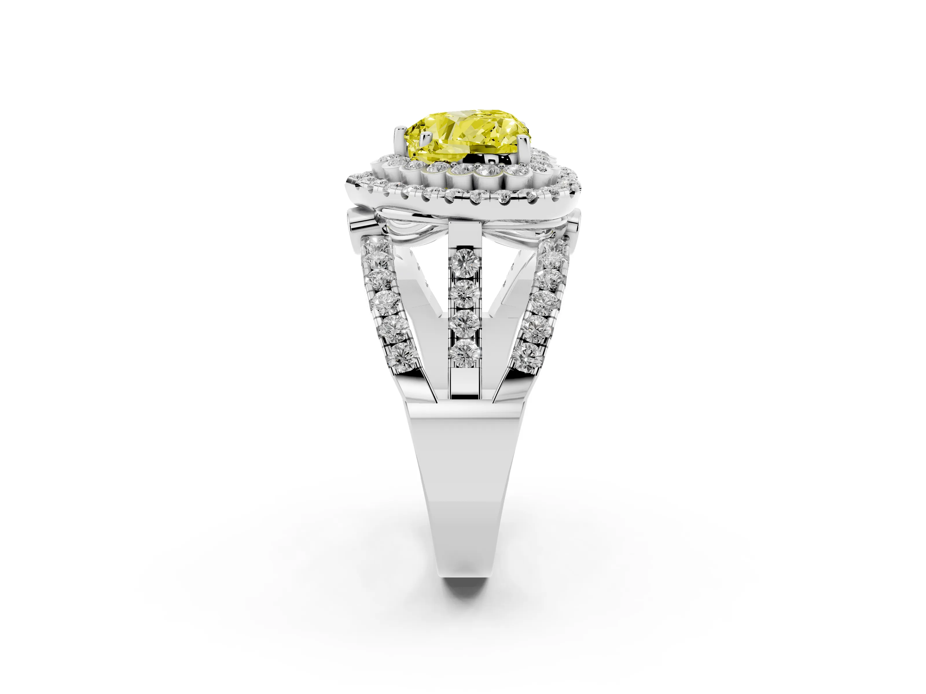 Fancy Yellow Heart Cut Diamond Double Halo Ring Set in White gold with Round Pavé Split Shank
