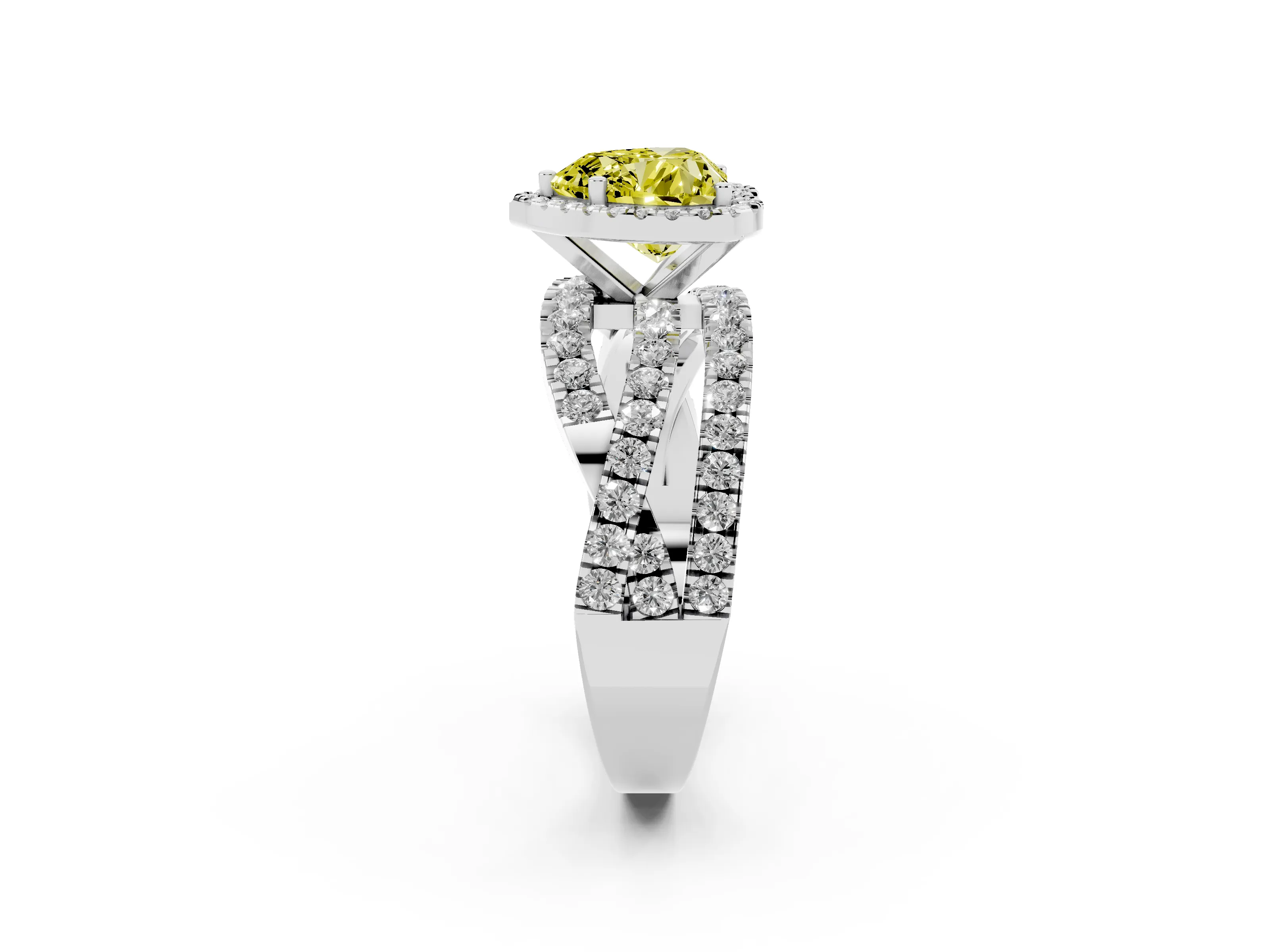 Fancy Yellow Heart Cut Diamond Halo Ring Set in White gold with Round Crossover Split Shank and Prong Setting