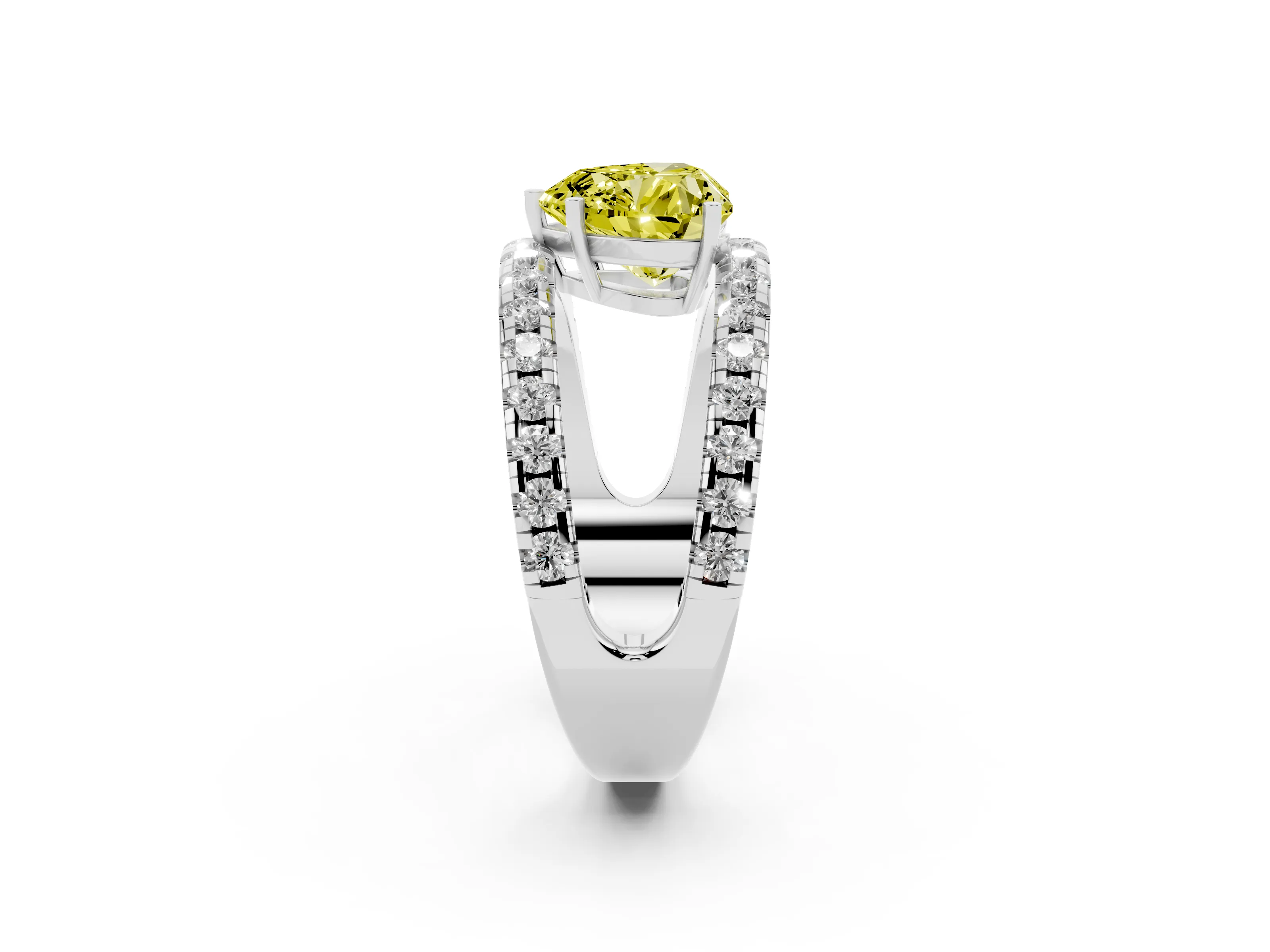 Fancy Yellow Heart Cut Diamond Split Shank Pavé Solitaire Ring Set in Platinum with Open Shank Design