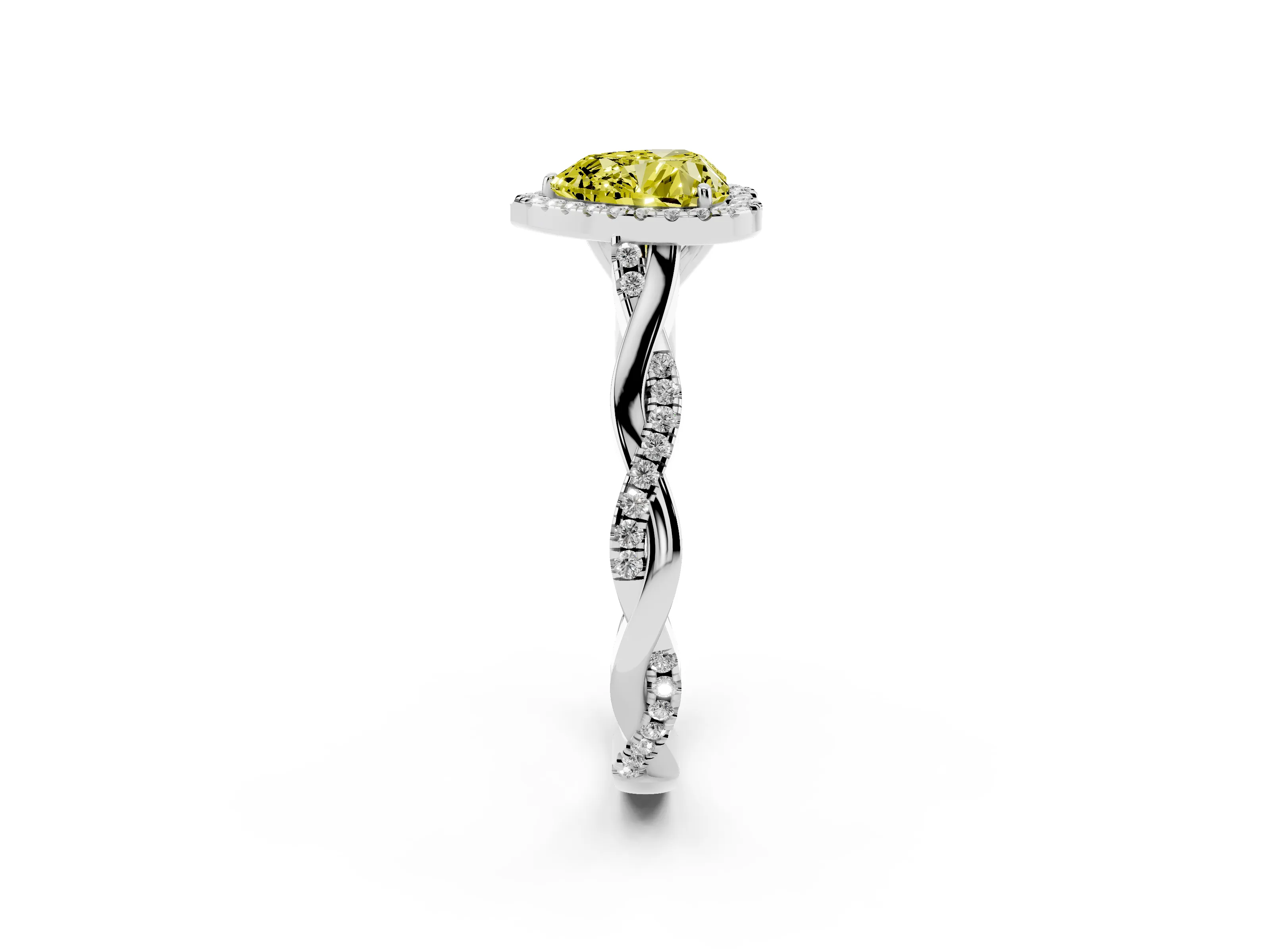 Fancy Yellow Heart Cut Diamond Halo Twist Band Solitaire Ring Set in White gold with Prong Setting