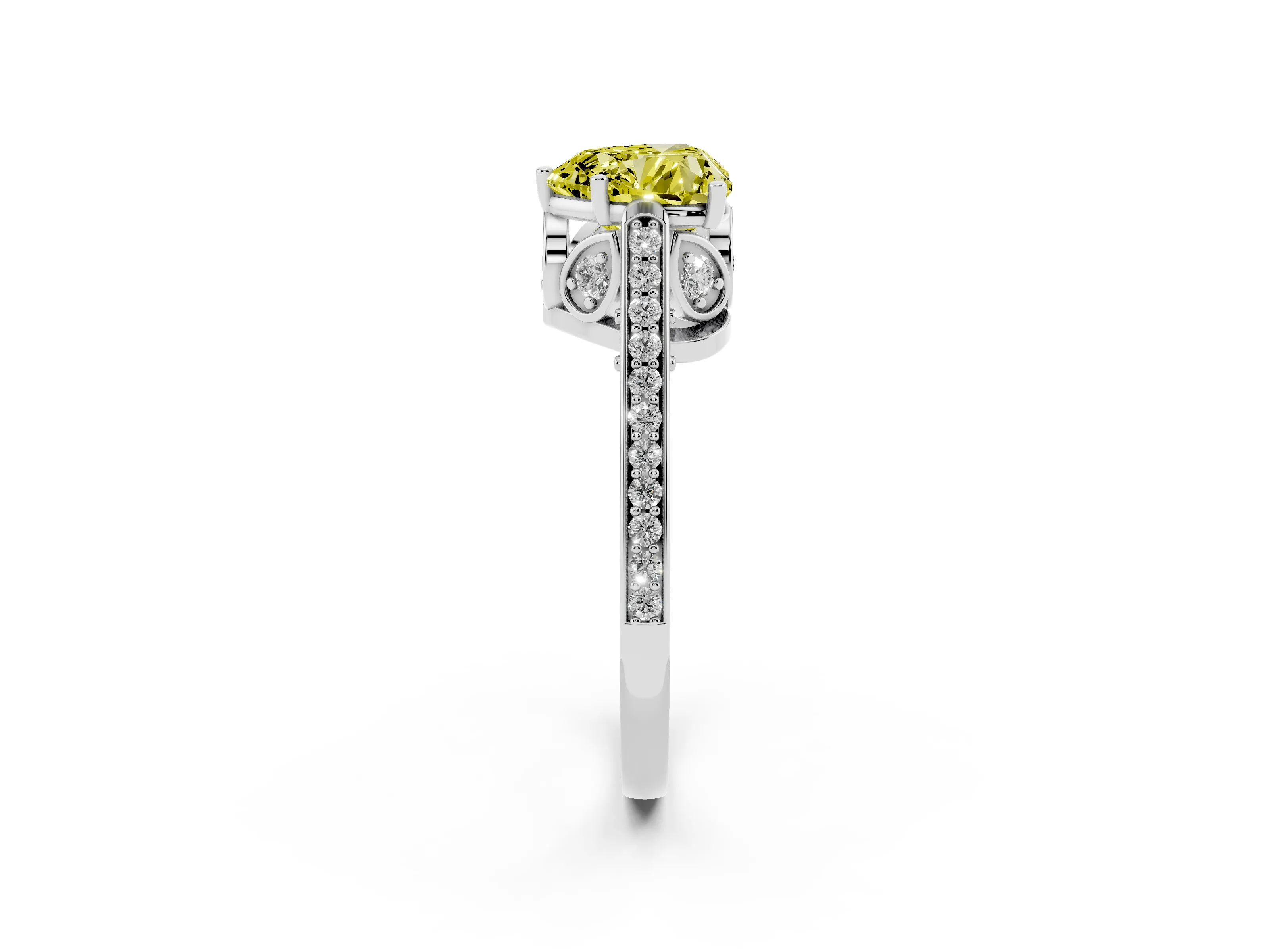 Fancy Yellow Heart Cut Diamond Cathedral Pavé Engagement Ring Set in Platinum with Prong Setting