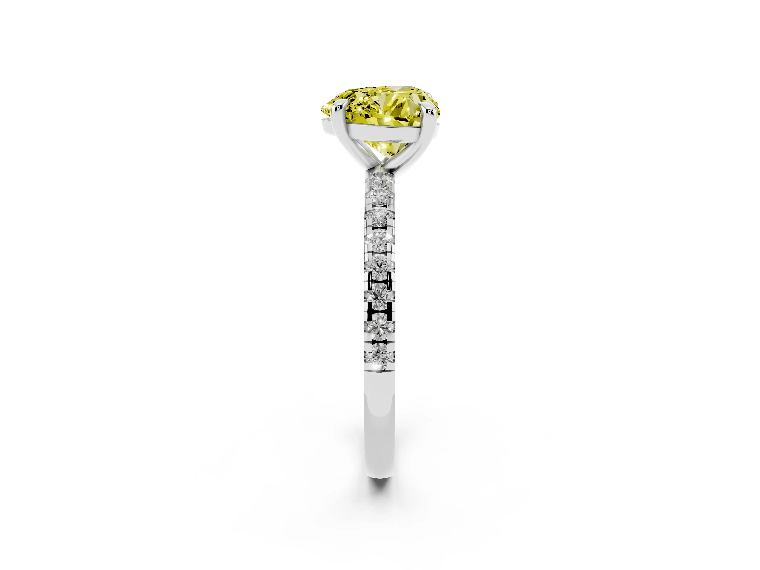 Fancy Yellow Heart Cut Diamond Brilliant Solitaire Ring Set in Platinum with Pavé Band and Prong Setting
