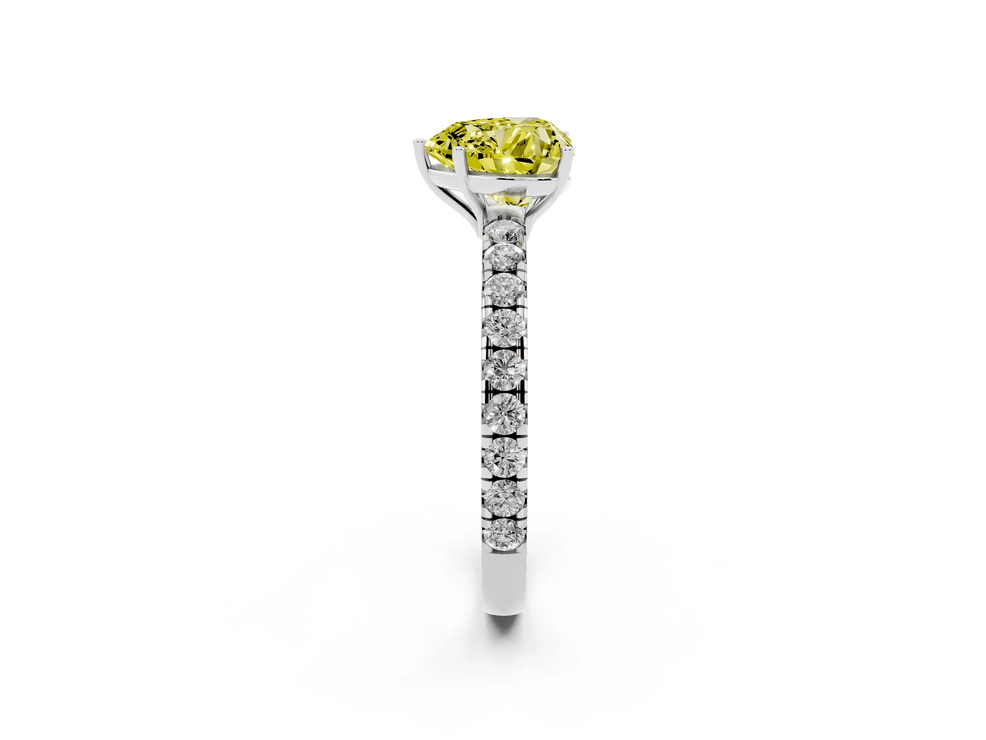 Fancy Yellow Heart Cut Diamond Pavé Solitaire Engagement Ring Set in White gold with Prong Setting