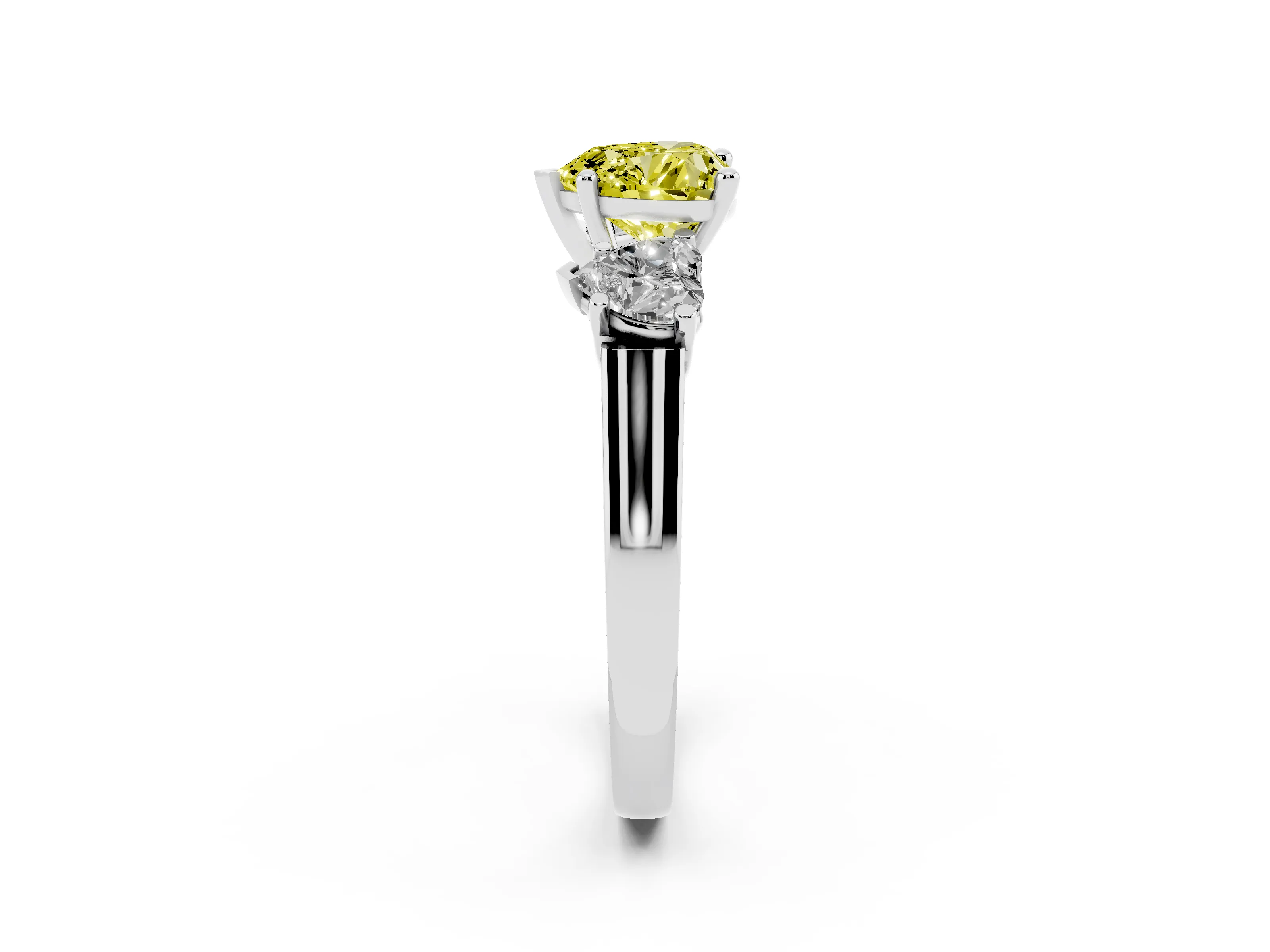 Fancy Yellow Heart Cut Diamond Three-Stone Trellis Ring Set in Platinum with Comfort Fit Band