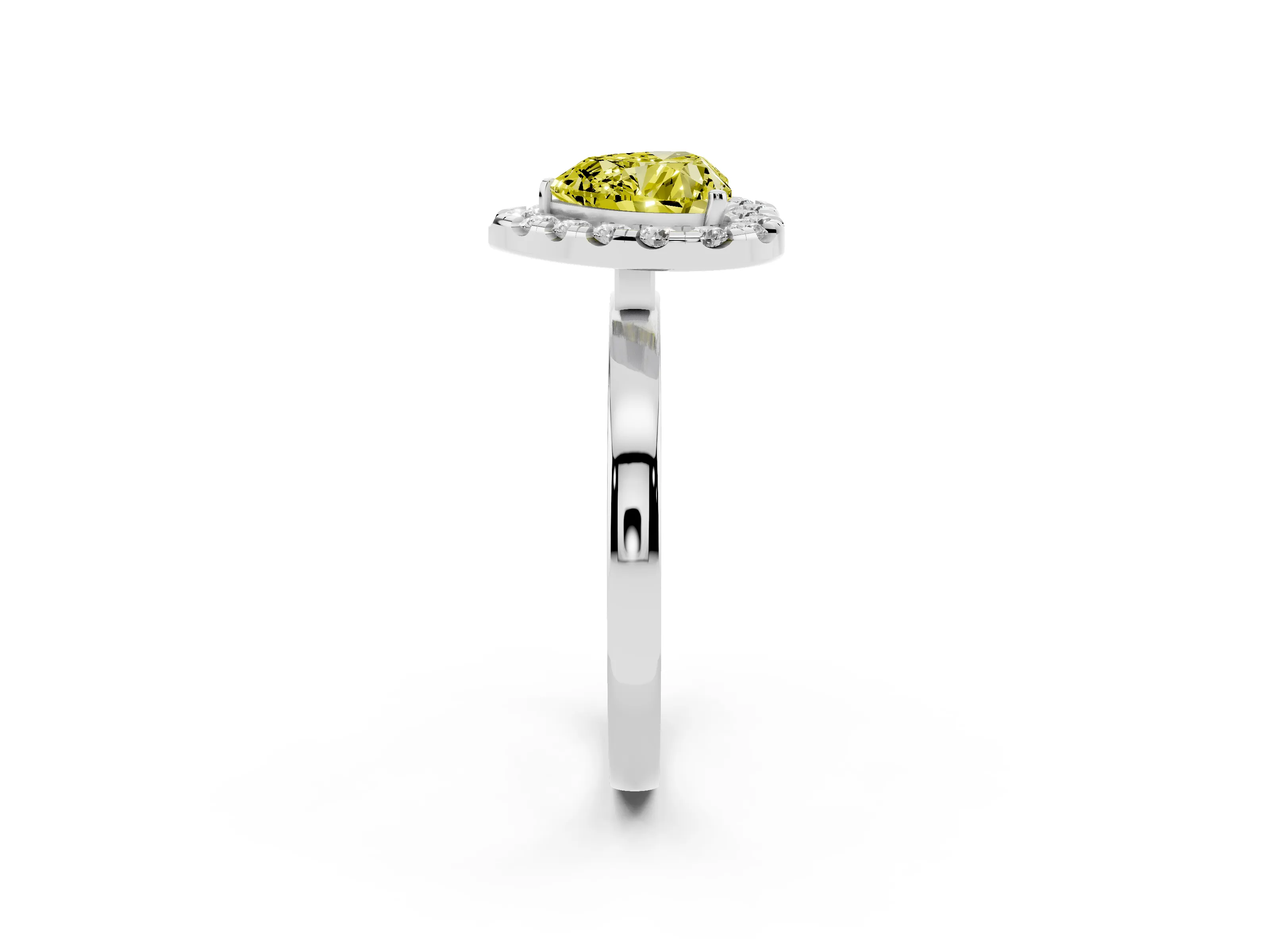 Fancy Yellow Heart Cut Diamond Halo Solitaire Ring Set in White gold with Pavé Band and Prong Setting