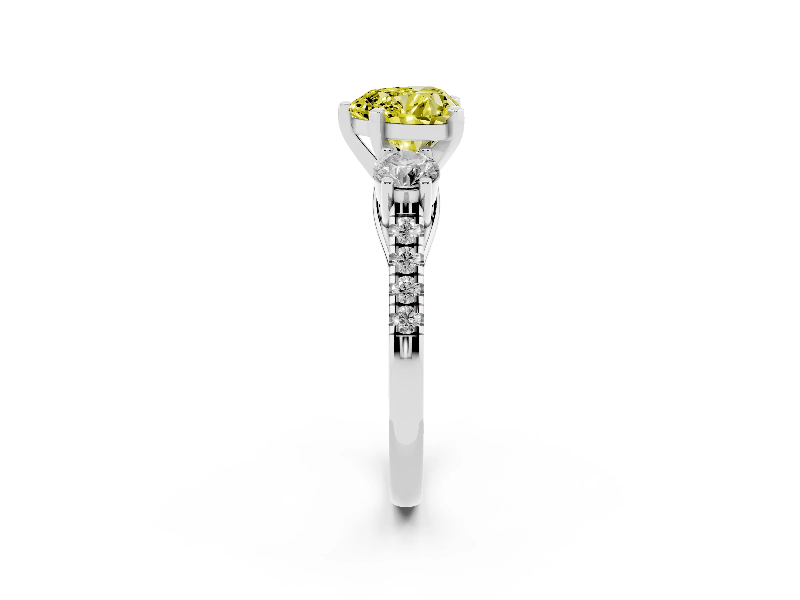 Fancy Yellow Three-Stone Heart Cut Diamond Pavé Band Ring Set in Silver with Prong-Set Trio