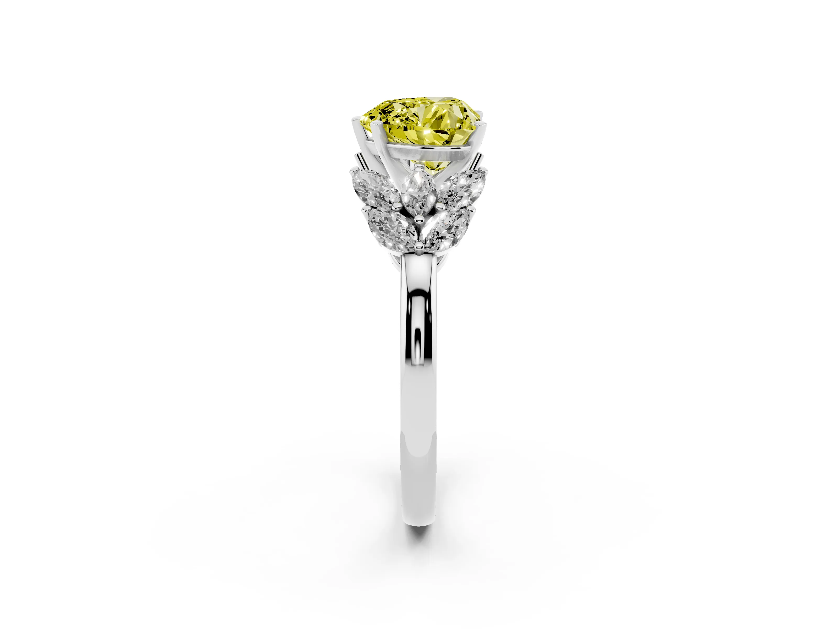 Fancy Yellow Heart Cut Diamond Cluster Leaf Design Ring Set in Silver with Prong Setting