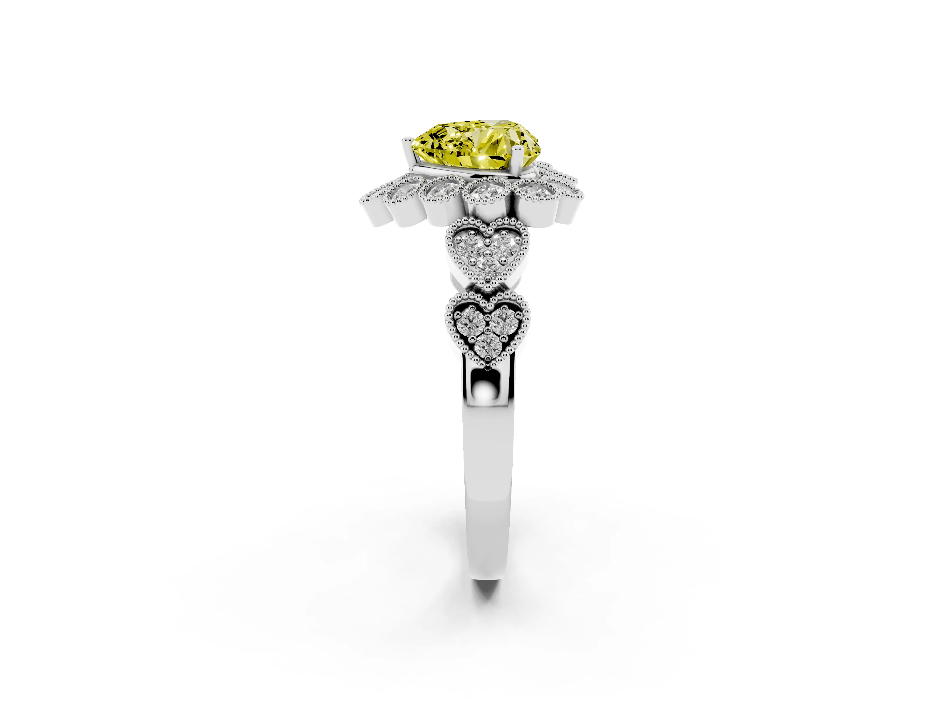 Fancy Yellow Heart Cut Diamond Solitaire Ring Set in White gold with Milgrain Pavé Heart Band