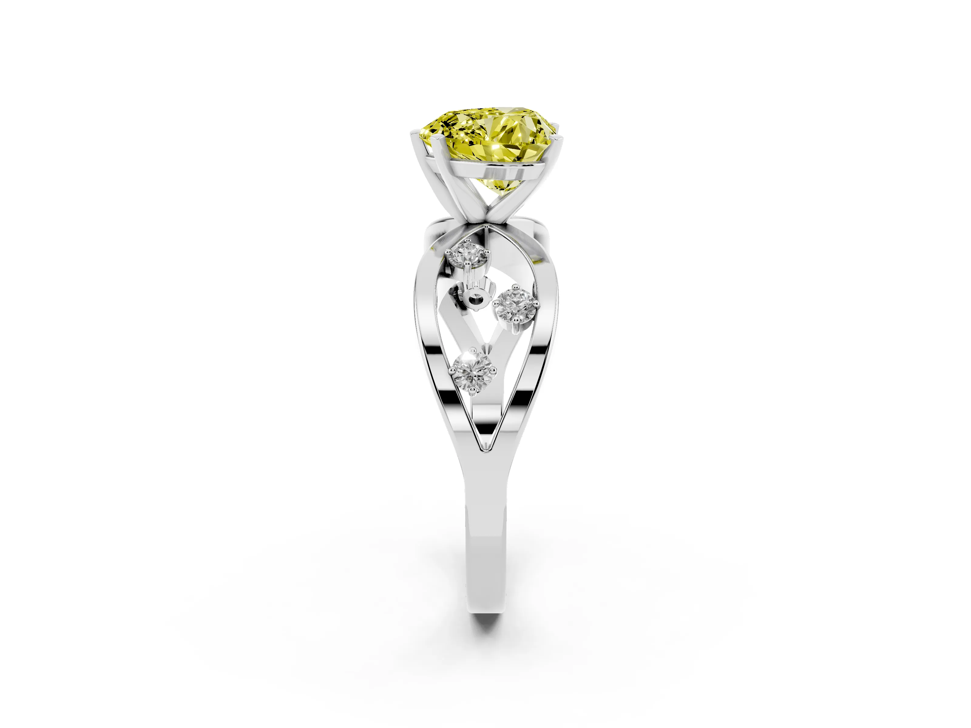 Fancy Yellow Heart Cut Diamond Solitaire Ring Set in Silver with Side Stones on Criss-Cross Band and Prong Setting