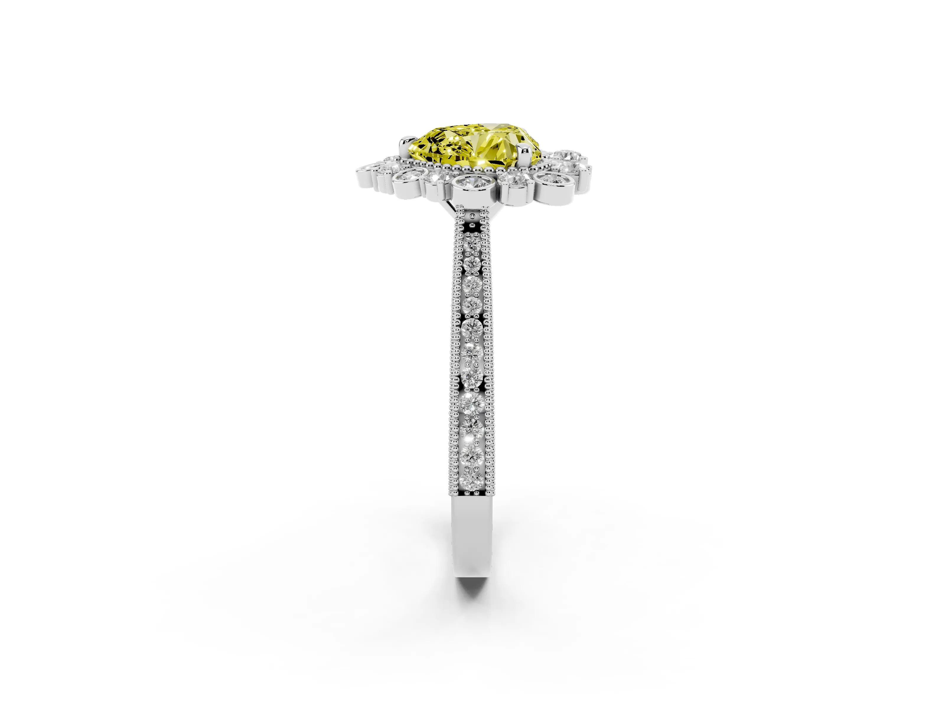 Fancy Yellow Heart Cut Diamond Halo Milgrain Pavé Ring Set in White gold with Prong Setting