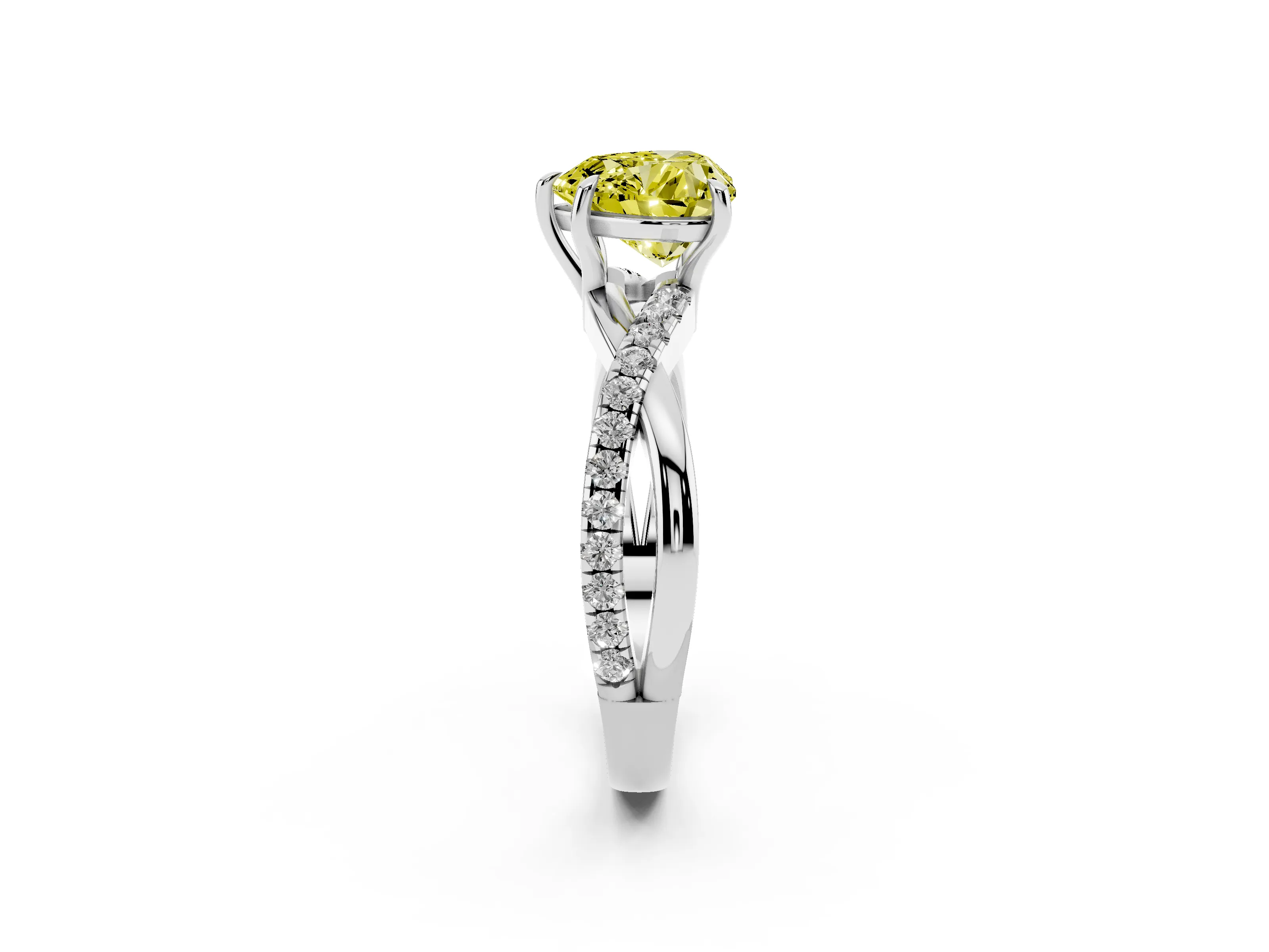 Fancy Yellow Heart Cut Diamond Twisted Pavé Band Ring Set in Platinum with Prong Setting