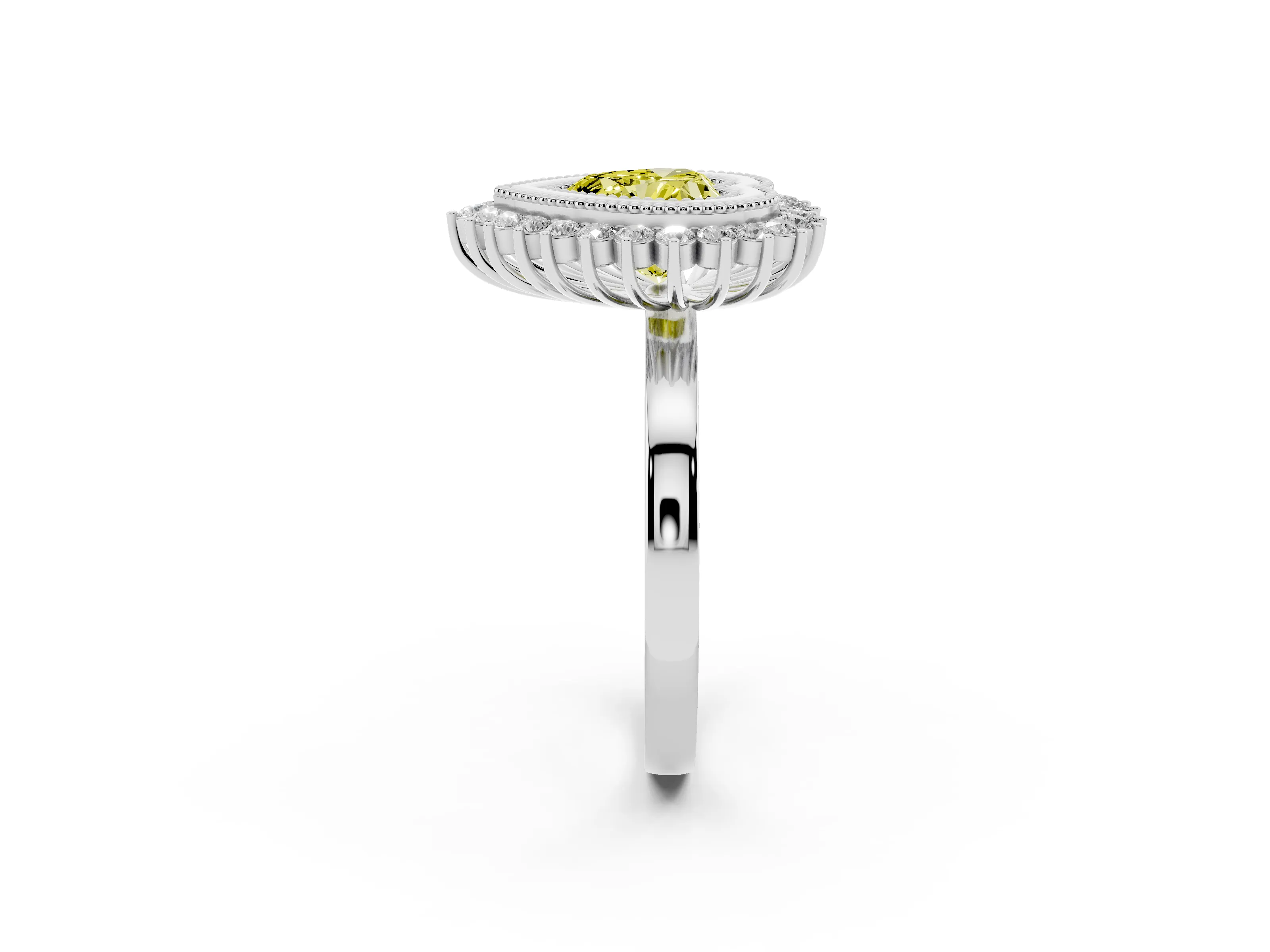 Fancy Yellow Heart Cut Diamond Halo Ring Set in White gold with Milgrain Edge and Round Prong Setting