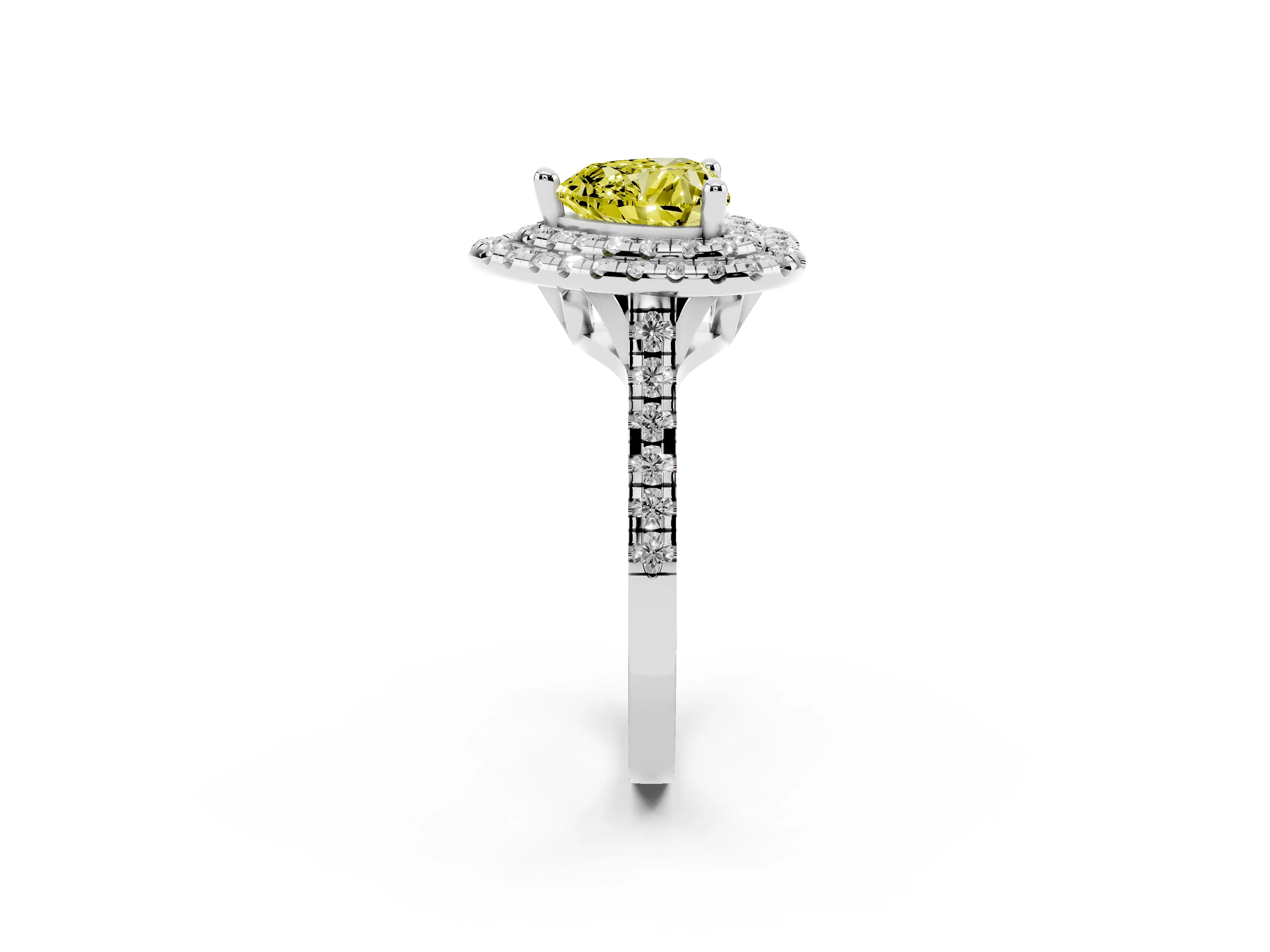 Fancy Yellow Heart Cut Diamond Double Halo Statement Ring Set in Silver with Pavé Band