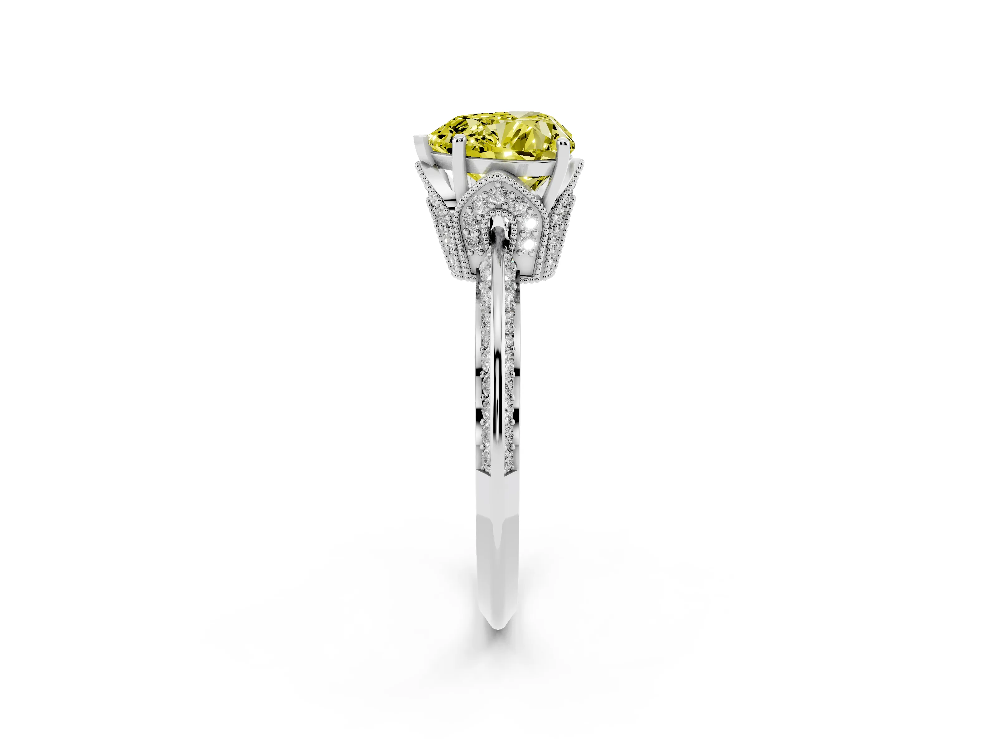 Fancy Yellow Heart Cut Diamond Solitaire Engagement Ring Set in White gold with Pavé Split Shank and Prong Setting