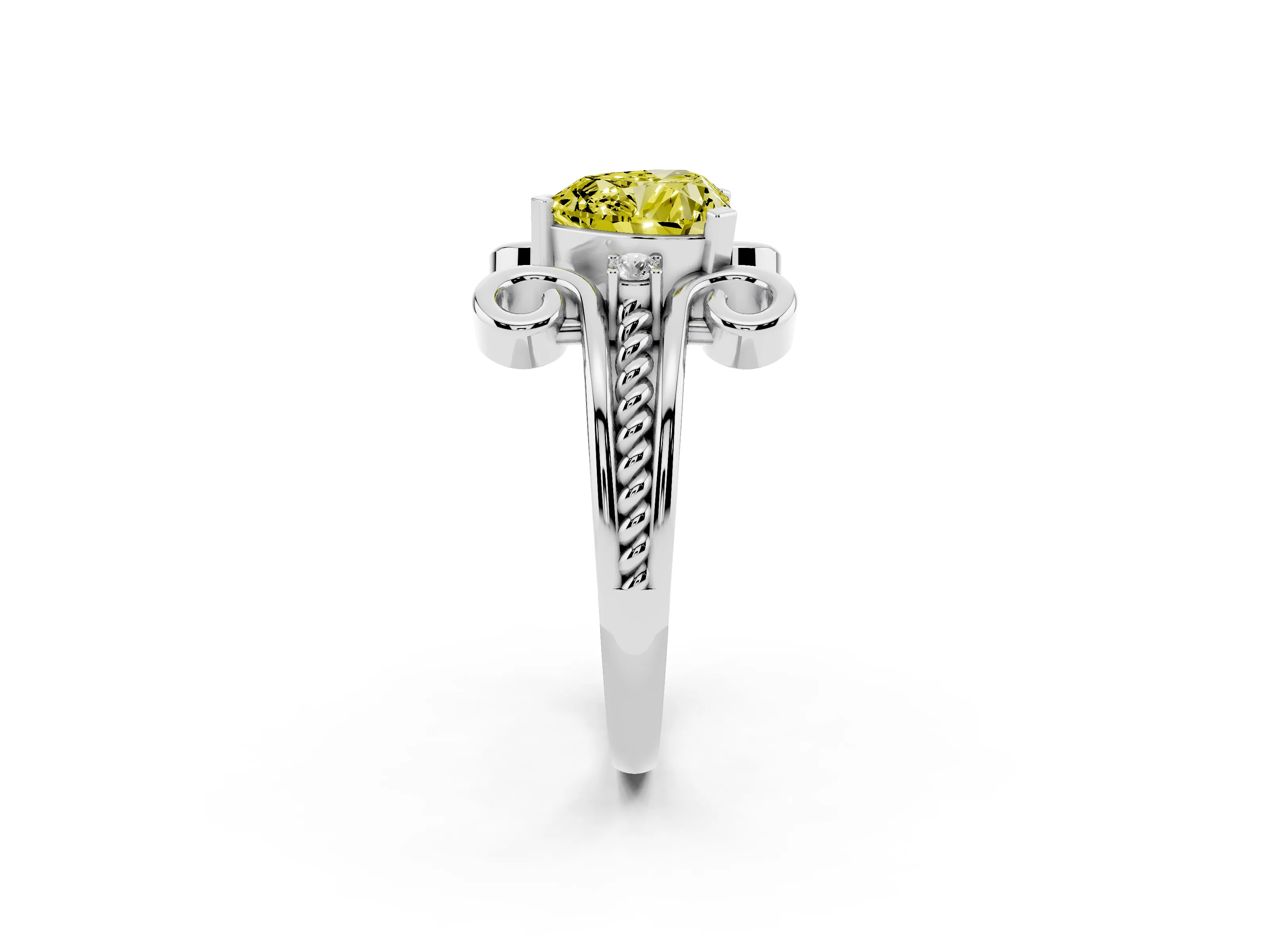 Fancy Yellow Heart Cut Diamond Twisted Band Solitaire Ring Set in Platinum with Scroll Prongs