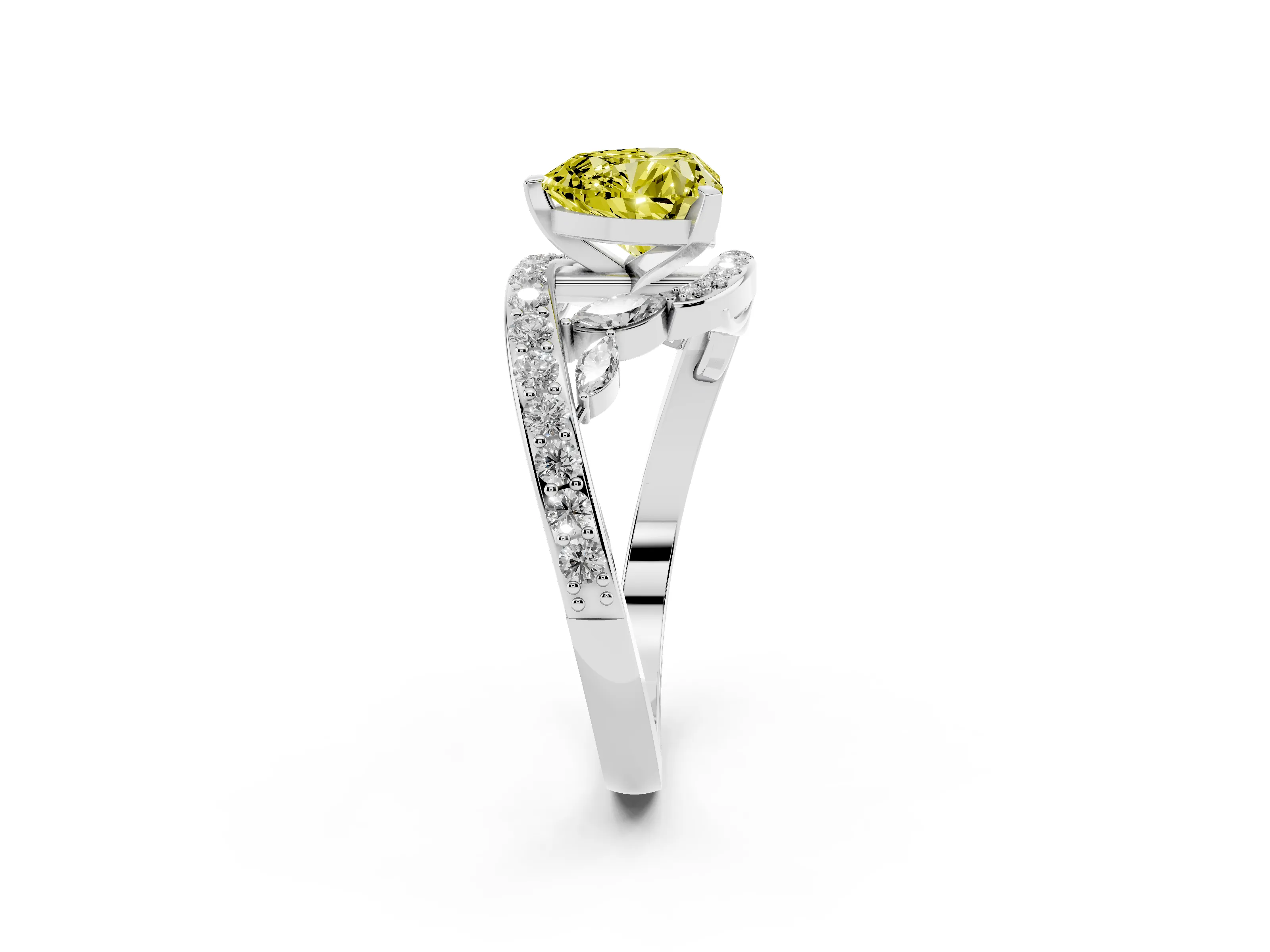 Fancy Yellow Heart Cut Diamond Solitaire Ring Set in Platinum with Pavé Twist Band and Secure Prong Setting