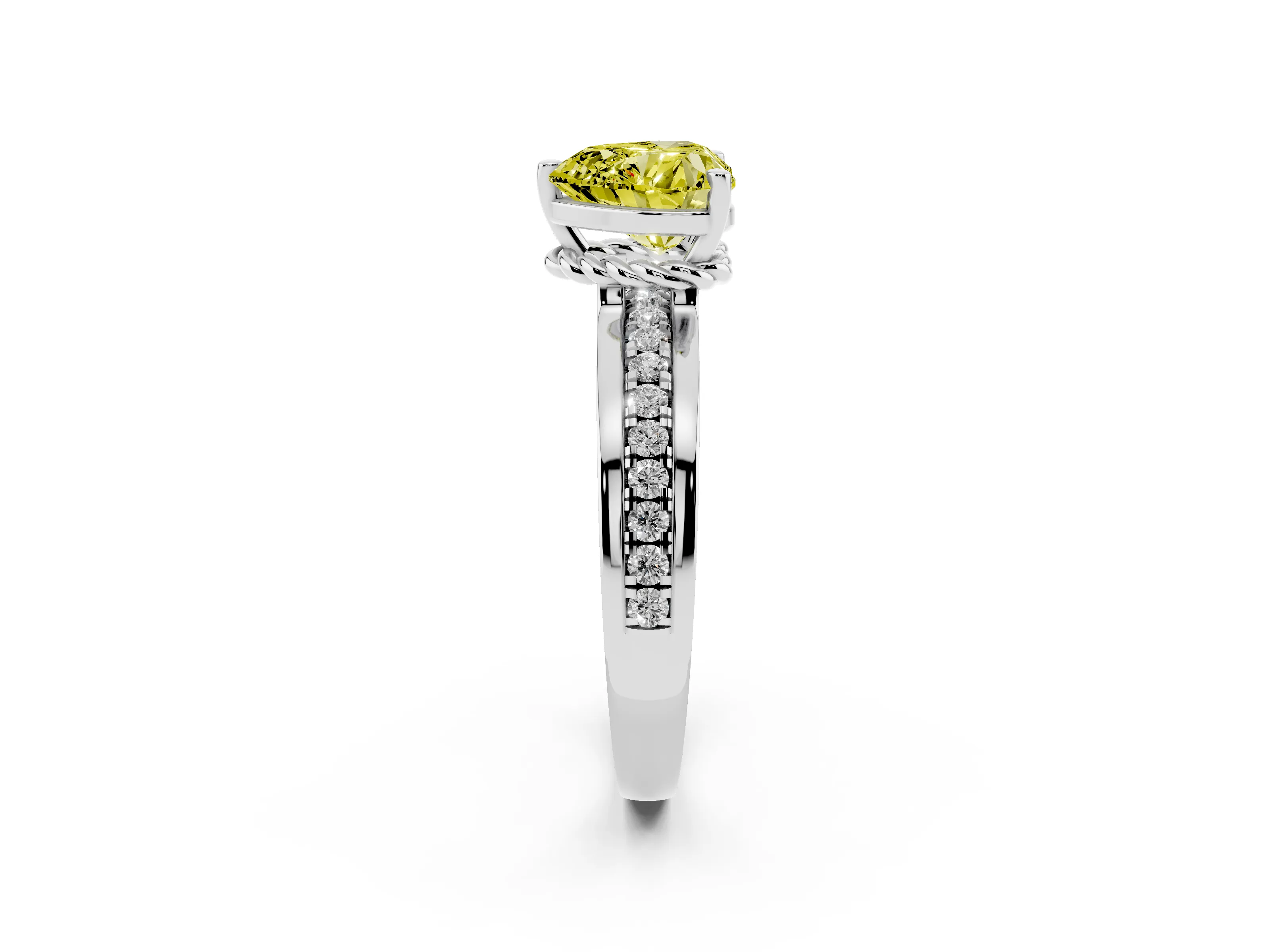 Fancy Yellow Heart Cut Diamond Solitaire Ring Set in White gold with Channel Set Band and Prong Setting
