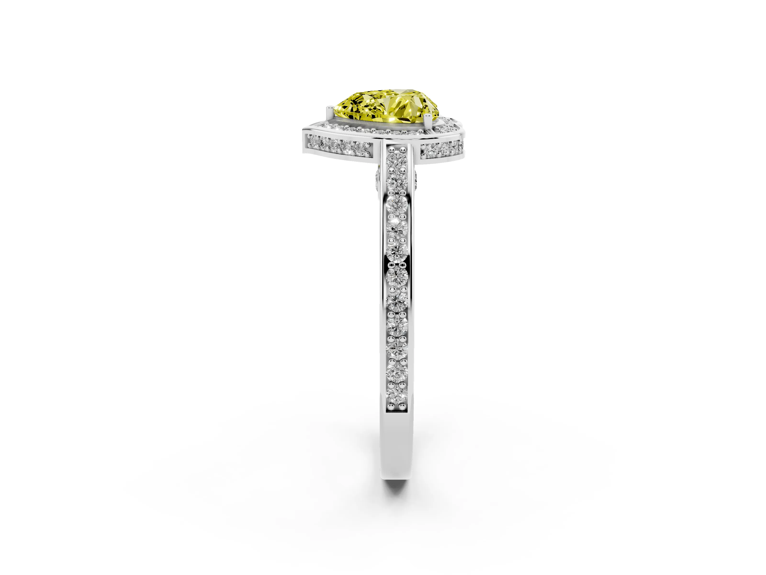 Fancy Yellow Heart Cut Diamond Halo Pavé Split Shank Ring Set in Platinum with Prong Setting