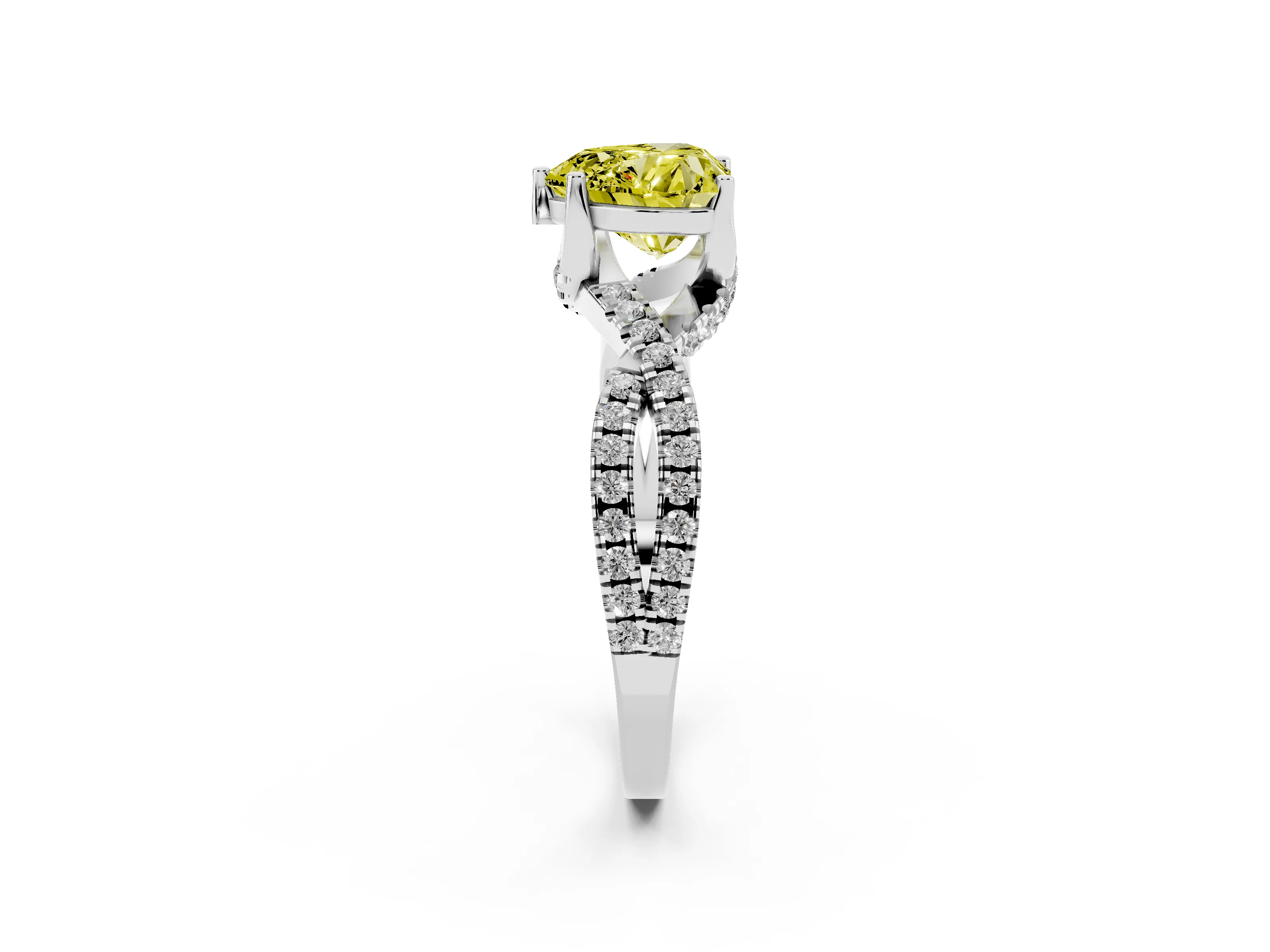 Fancy Yellow Heart Cut Diamond Twist Pavé Solitaire Engagement Ring Set in Platinum with Prong Setting