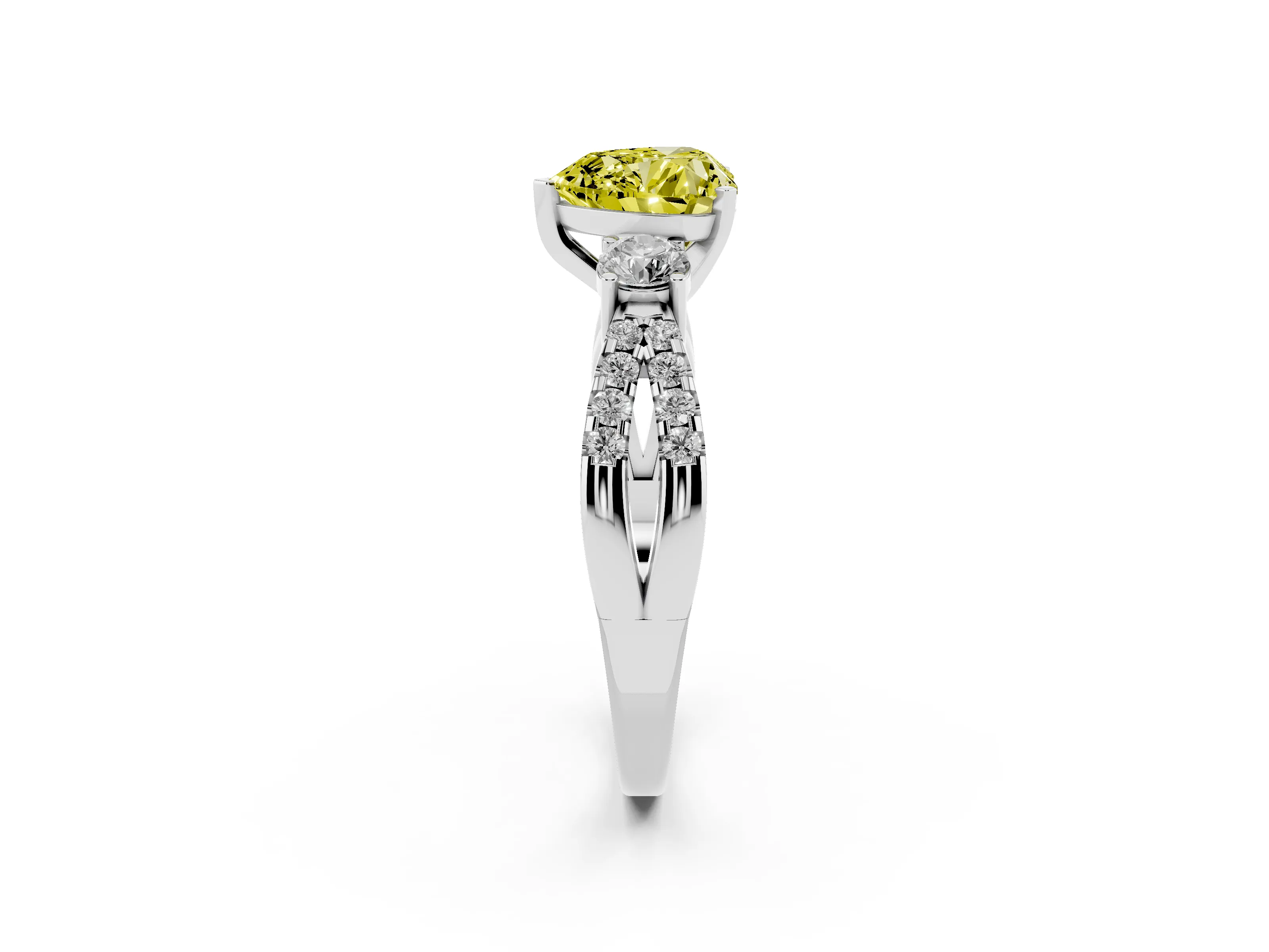 Fancy Yellow Heart Cut Diamond Three-Stone Ring Set in Platinum with Pavé Split Shank and Prong Setting