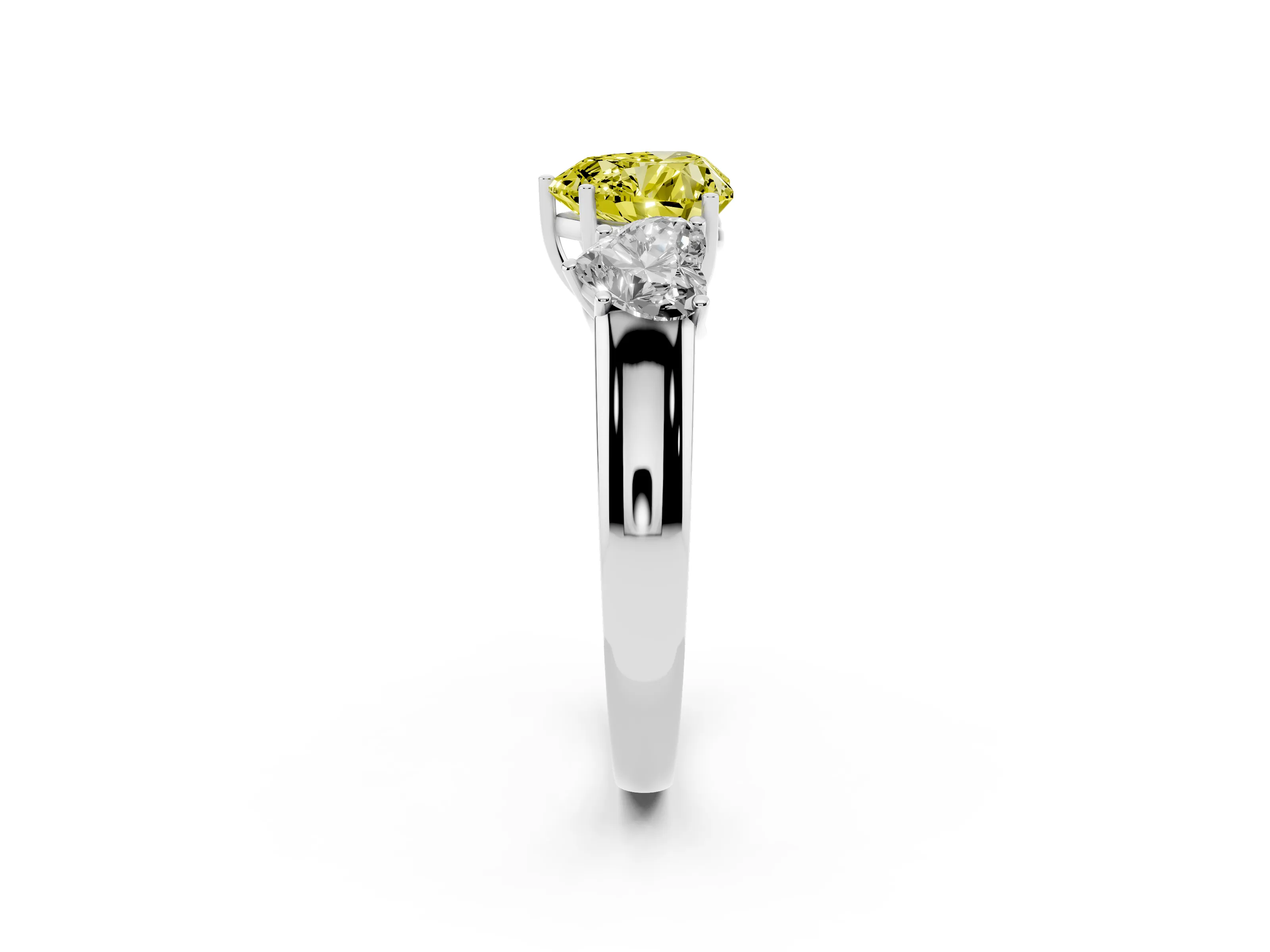 Fancy Yellow Three-Stone Heart Cut Diamond Ring Set in Silver with Matching Prong Settings and Plain Band