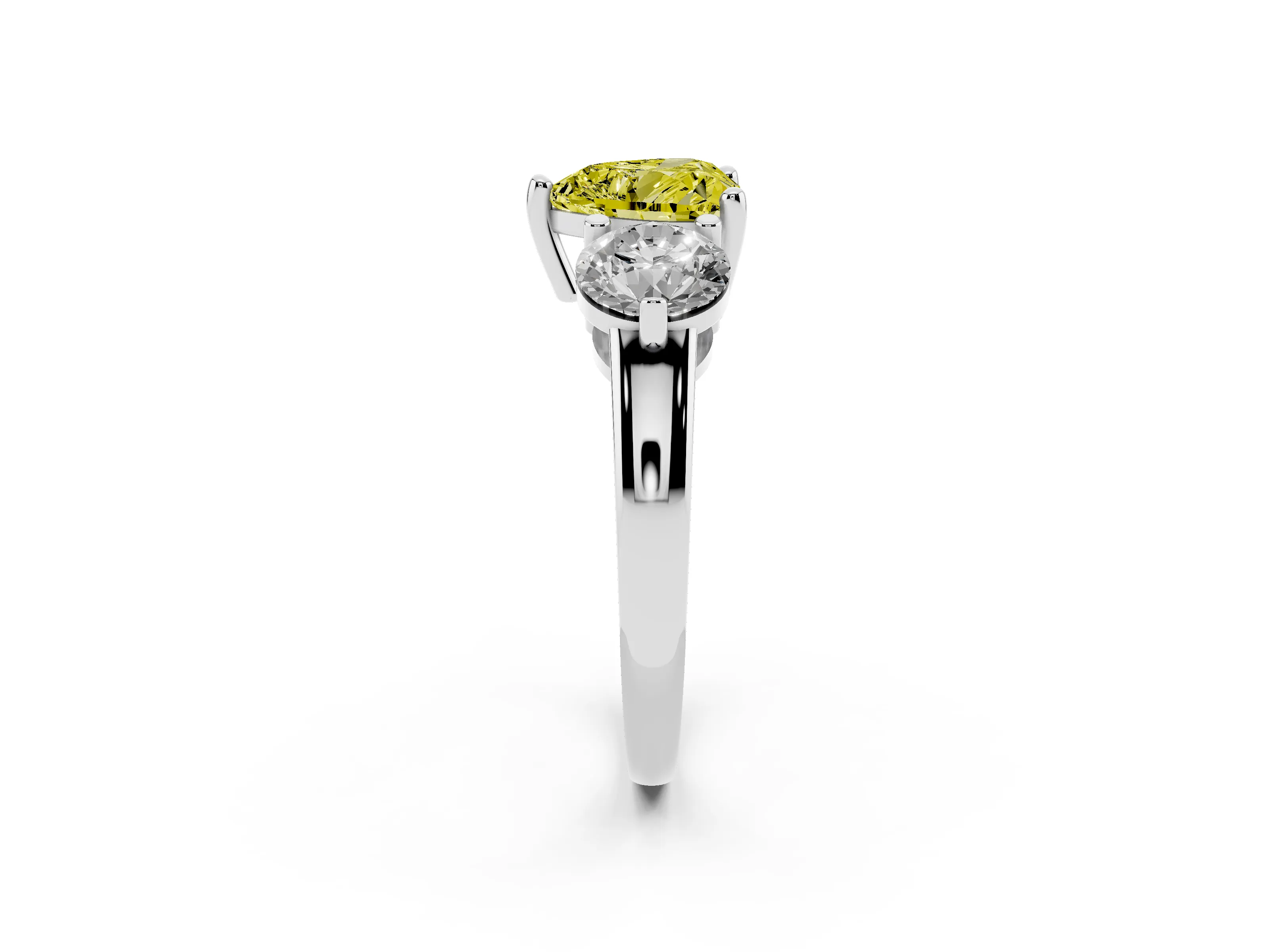 Fancy Yellow Heart Cut Diamond Three-Stone Ring Set in Platinum with Prong Setting and Classic Band