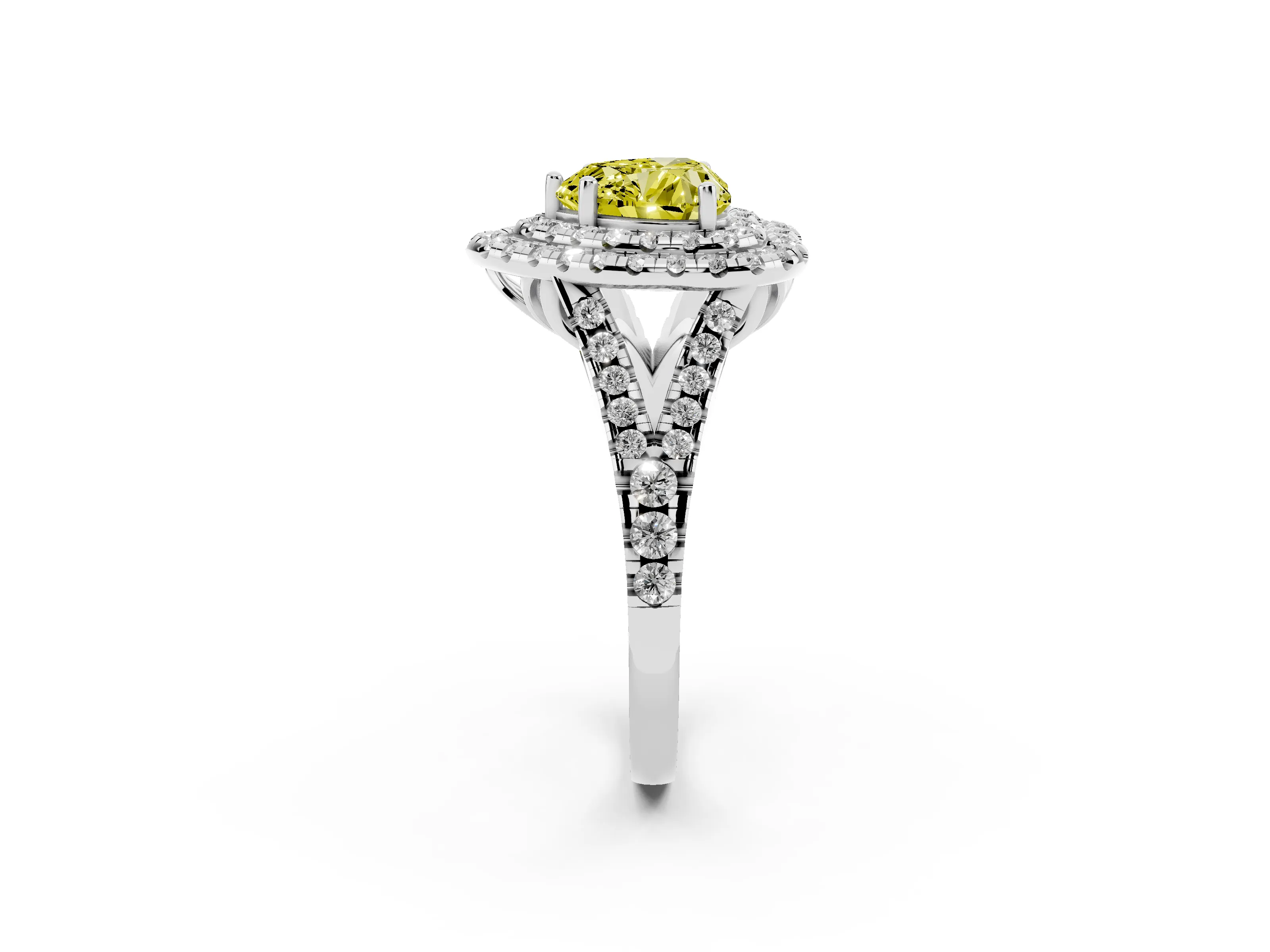 Fancy Yellow Heart Cut Diamond Double Halo Ring Set in Platinum with Pavé Split Shank and Prong Setting
