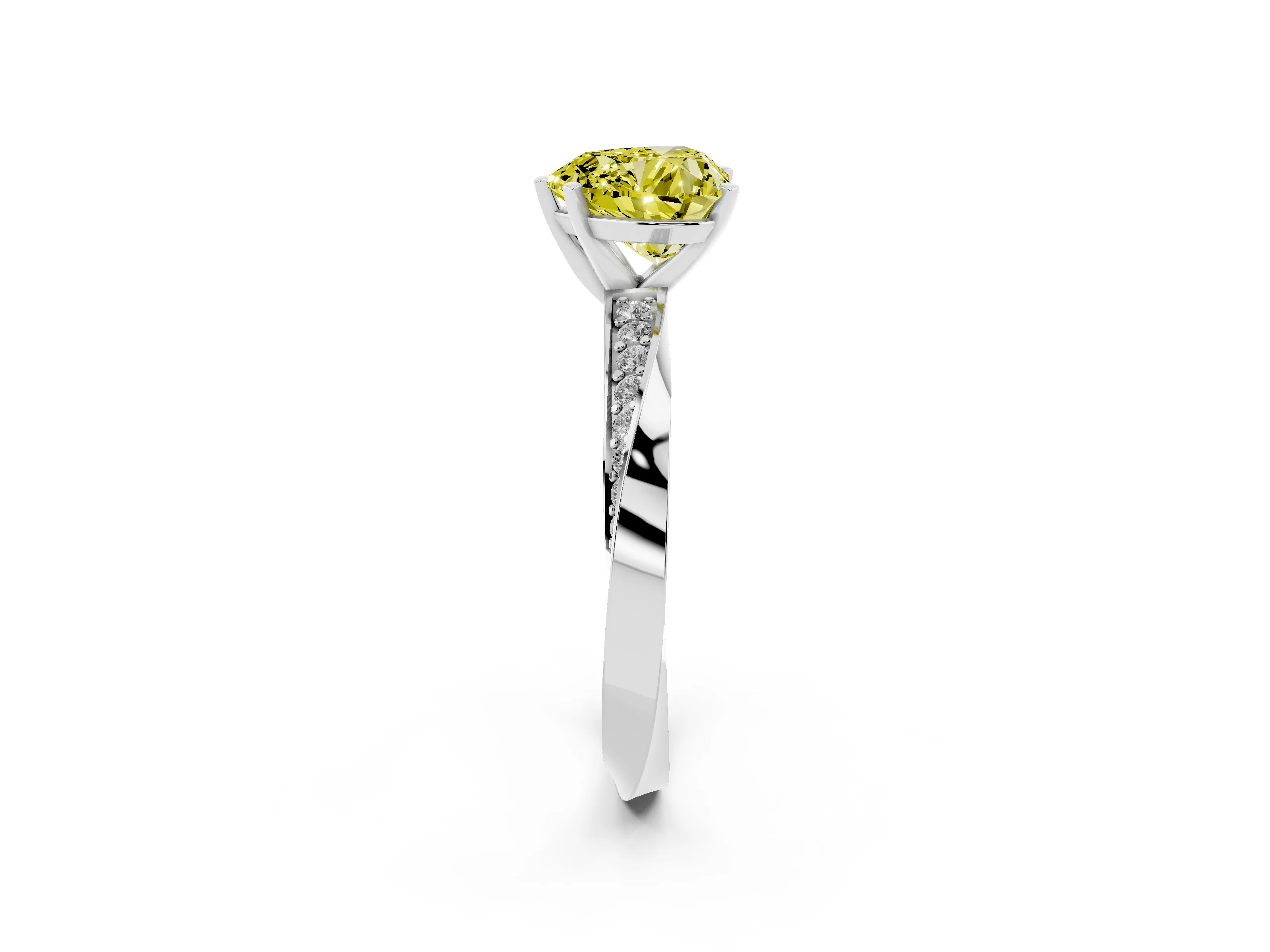 Fancy Yellow Heart Cut Diamond Engagement Ring Set in White gold with Side Stone Accents and Prong Setting