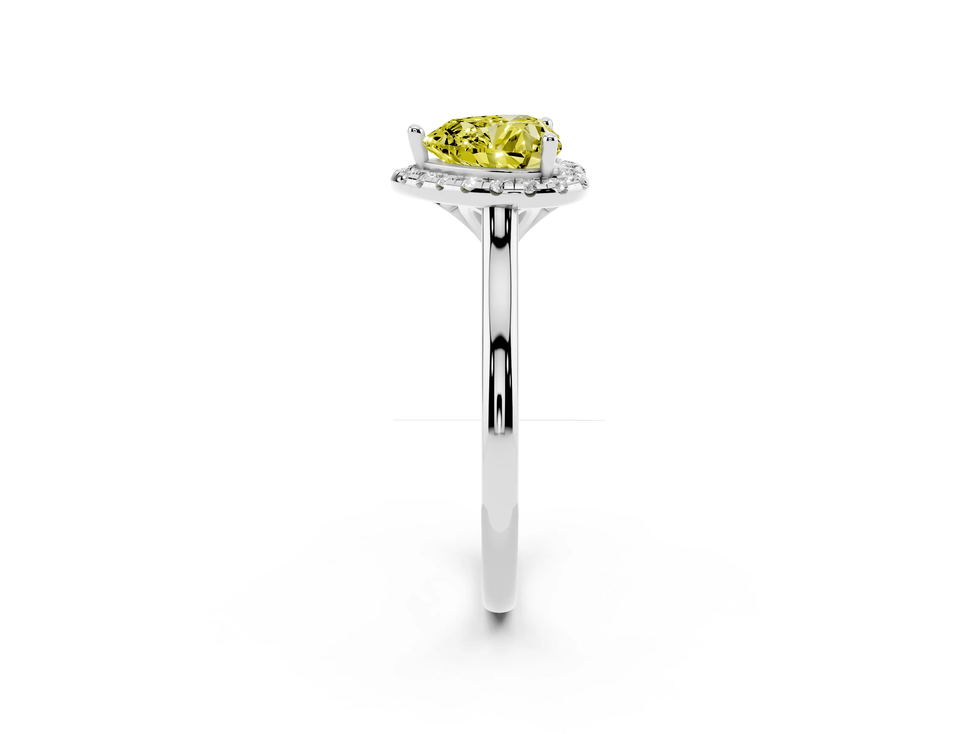 Fancy Yellow Heart Cut Diamond Halo Engagement Ring Set in White gold with Pavé Band and Rising Shoulders