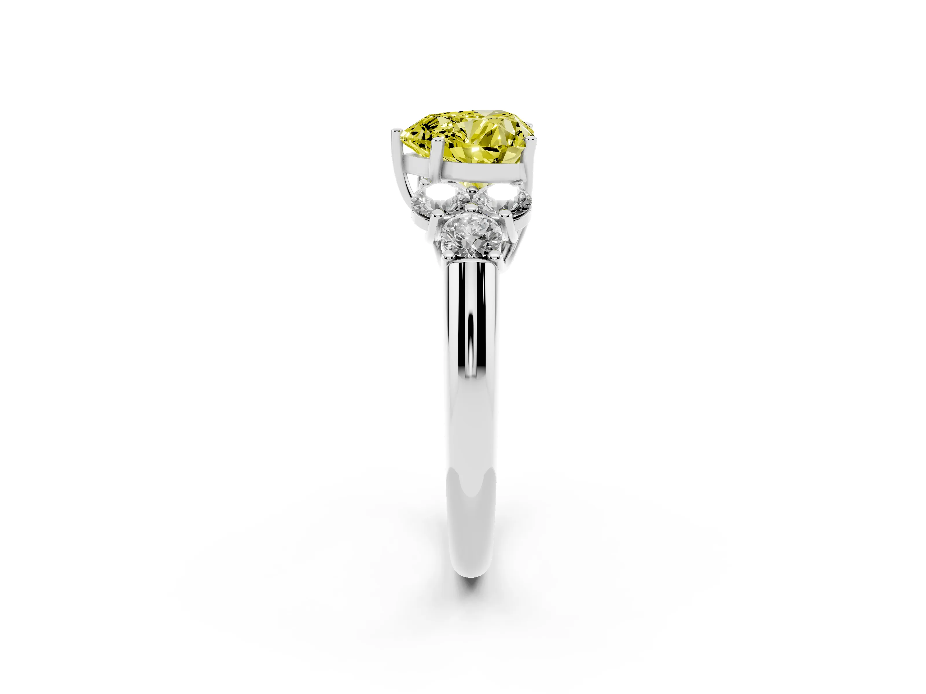 Fancy Yellow Heart Cut Diamond Cluster Ring Set in Silver with Round Accent Stones and Prong Setting on a Plain Band
