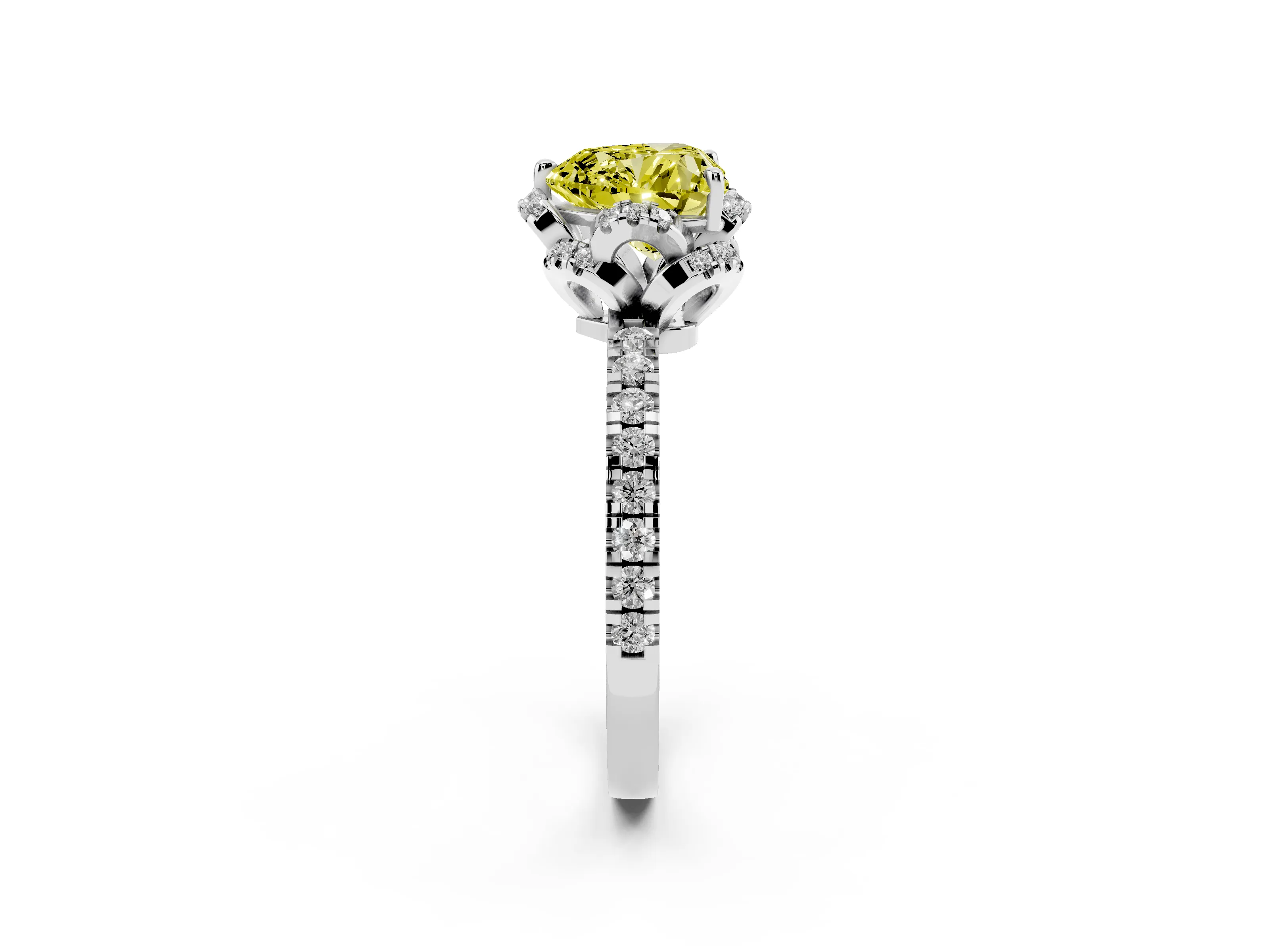 Fancy Yellow Heart Cut Diamond Halo Pavé Band Ring Set in White gold with Prong-Held Center
