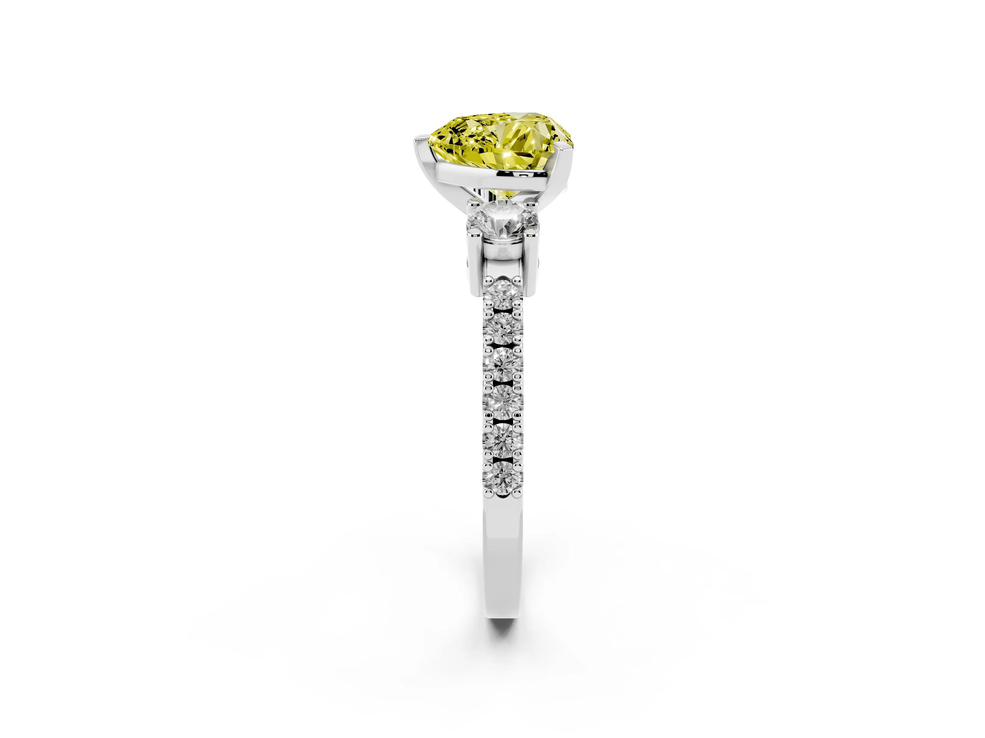 Fancy Yellow Three-Stone Heart Cut Diamond Pavé Band Ring Set in White gold with Prong Setting