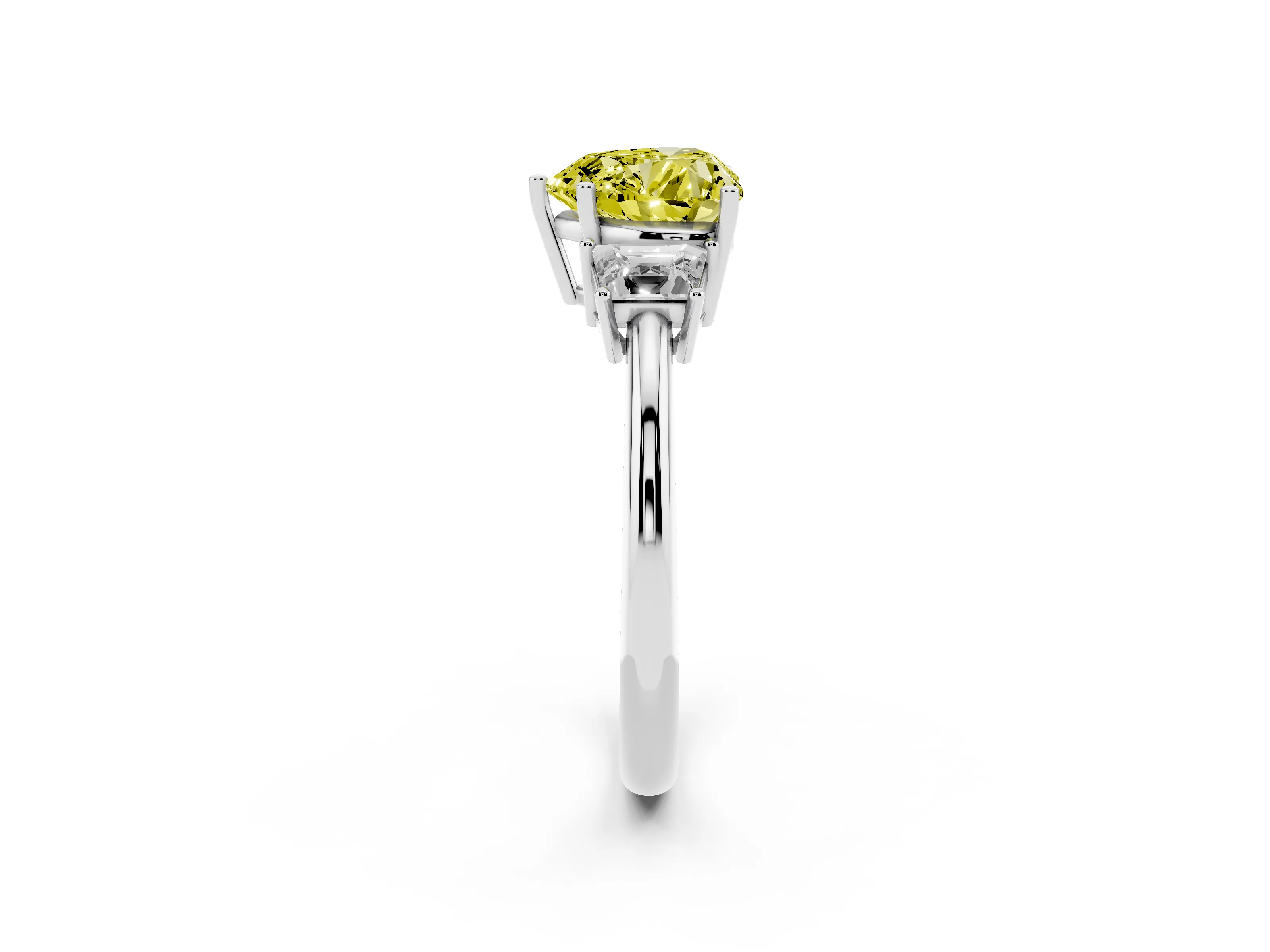 Fancy Yellow Heart Cut Diamond Three-Stone Ring Set in Silver with Trapezoid Side Stones and Prong Setting