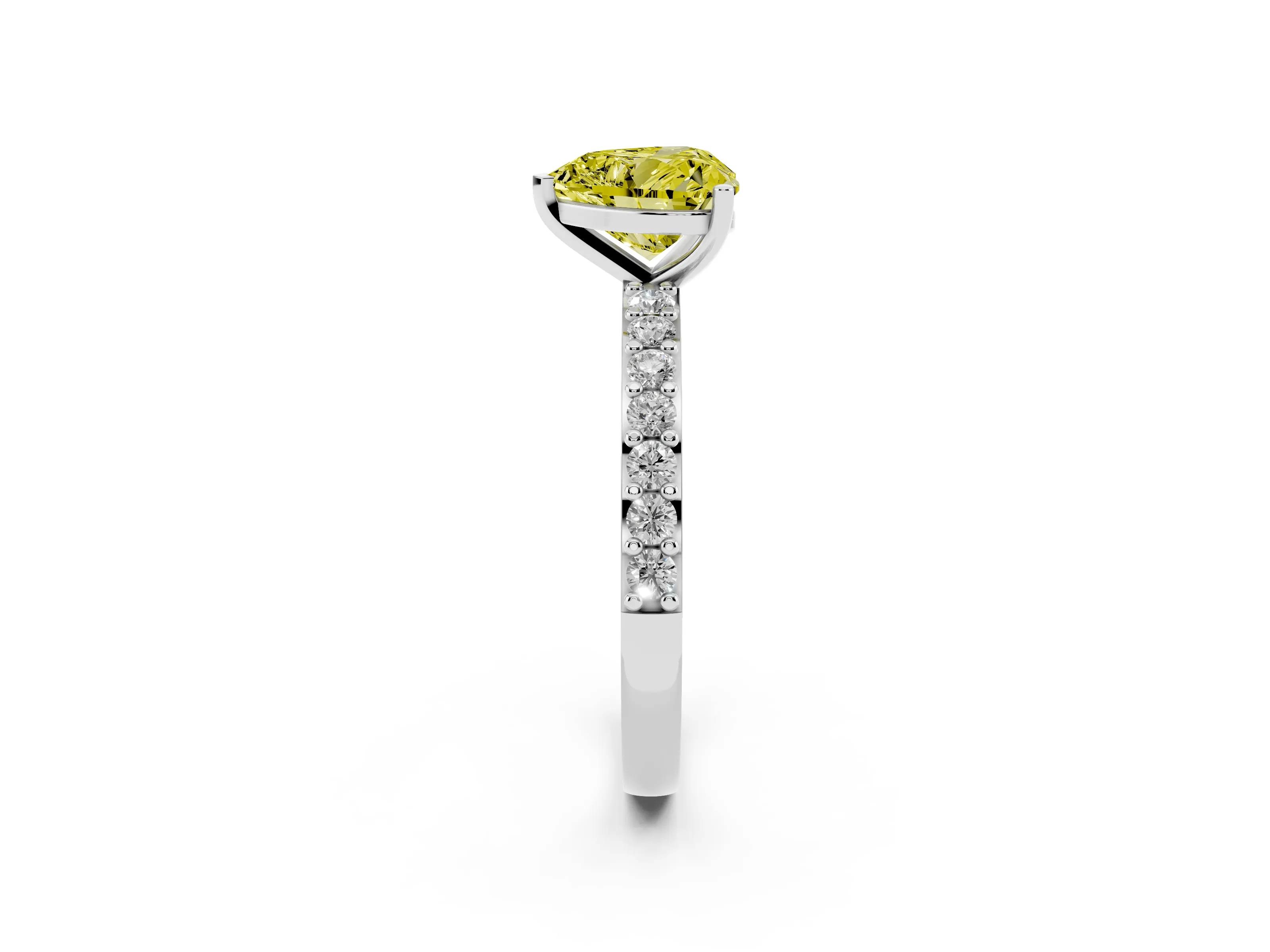 Fancy Yellow Heart Cut Diamond Solitaire Set in White gold with Round Pavé Band and Prong Setting