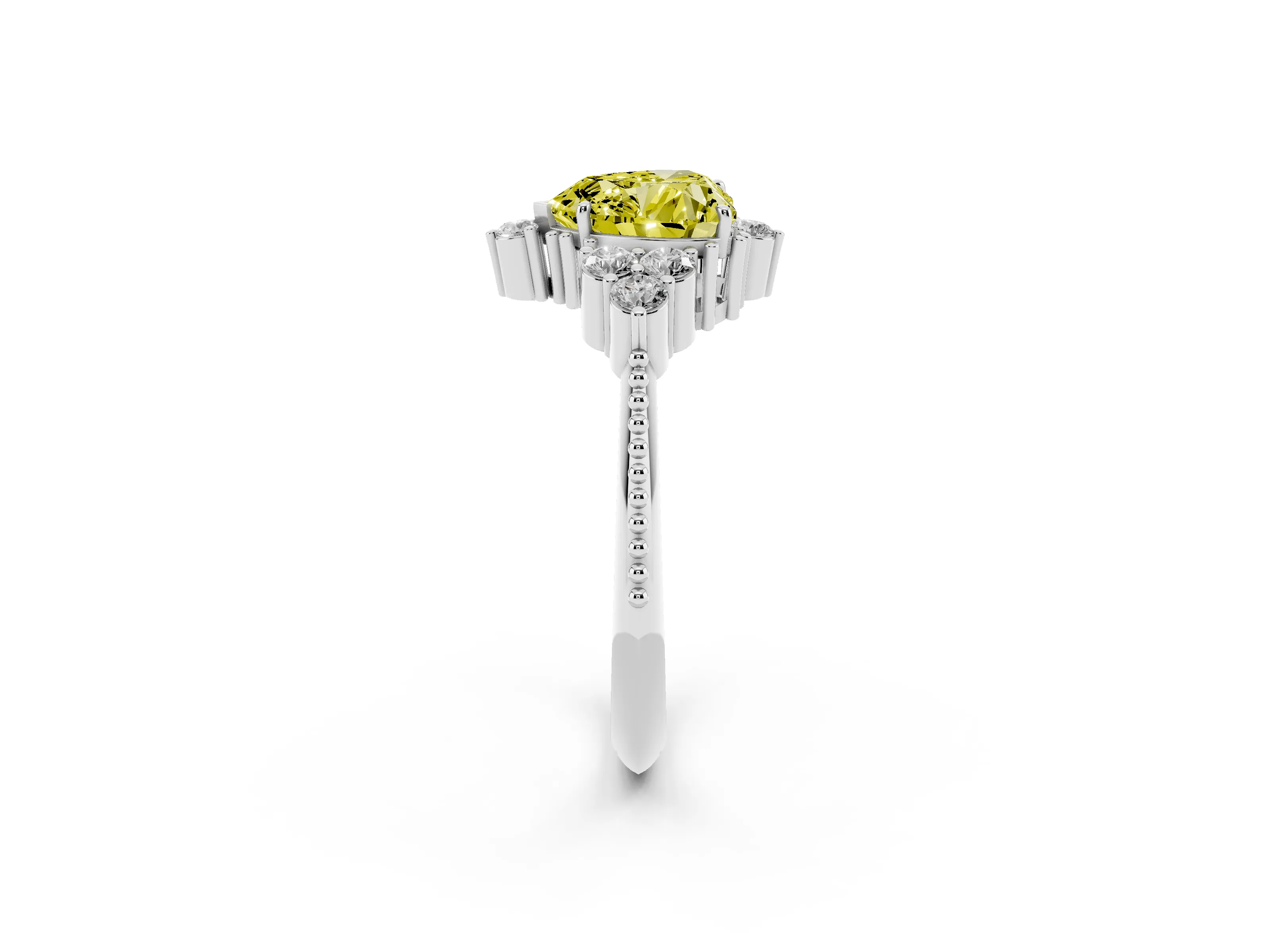 Fancy Yellow Heart Cut Diamond Cluster Ring Set in White gold with Beaded Band