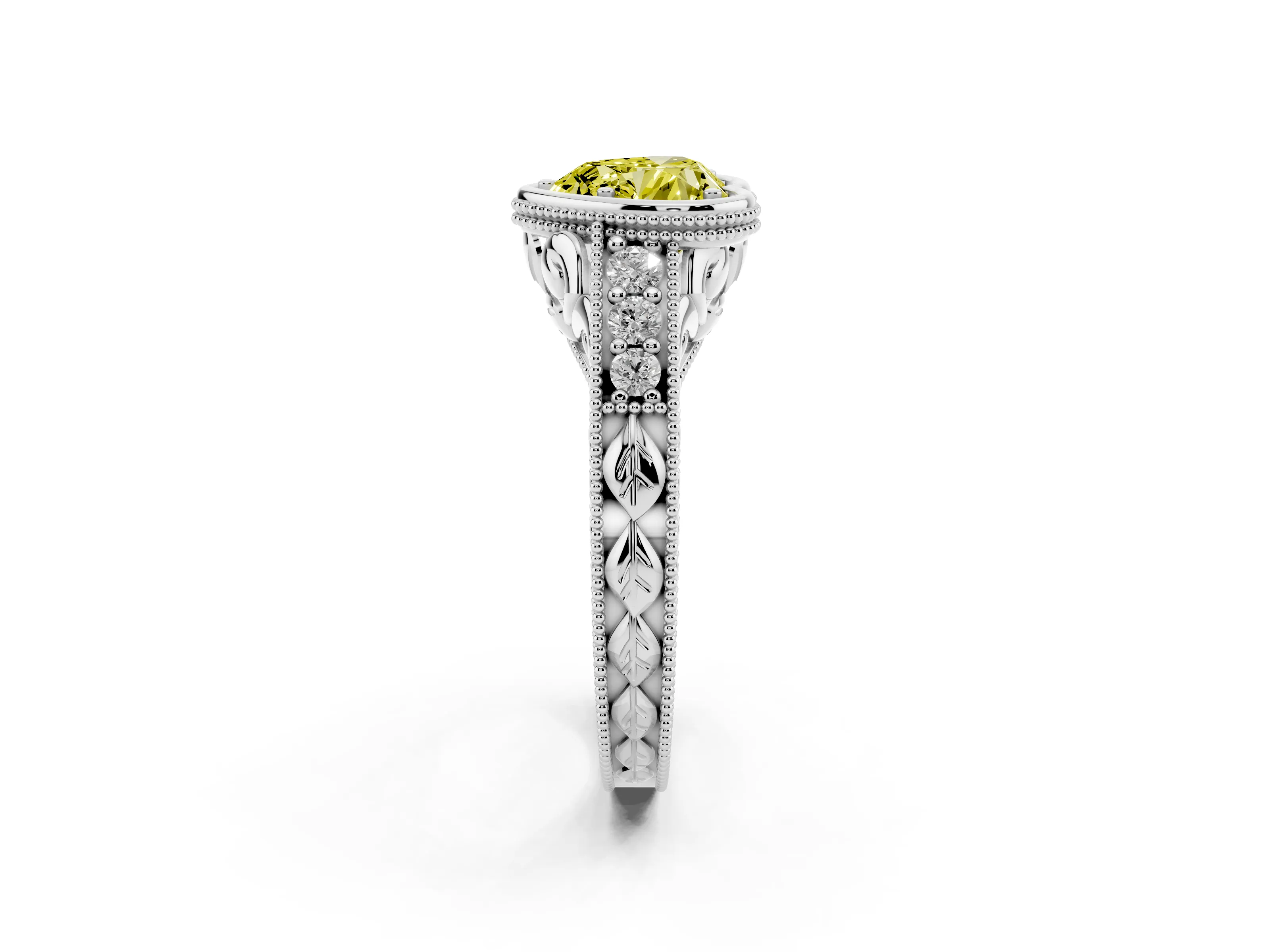 Fancy Yellow Bezel Set Heart Cut Diamond Milgrain Pavé Engagement Ring Set in Silver
