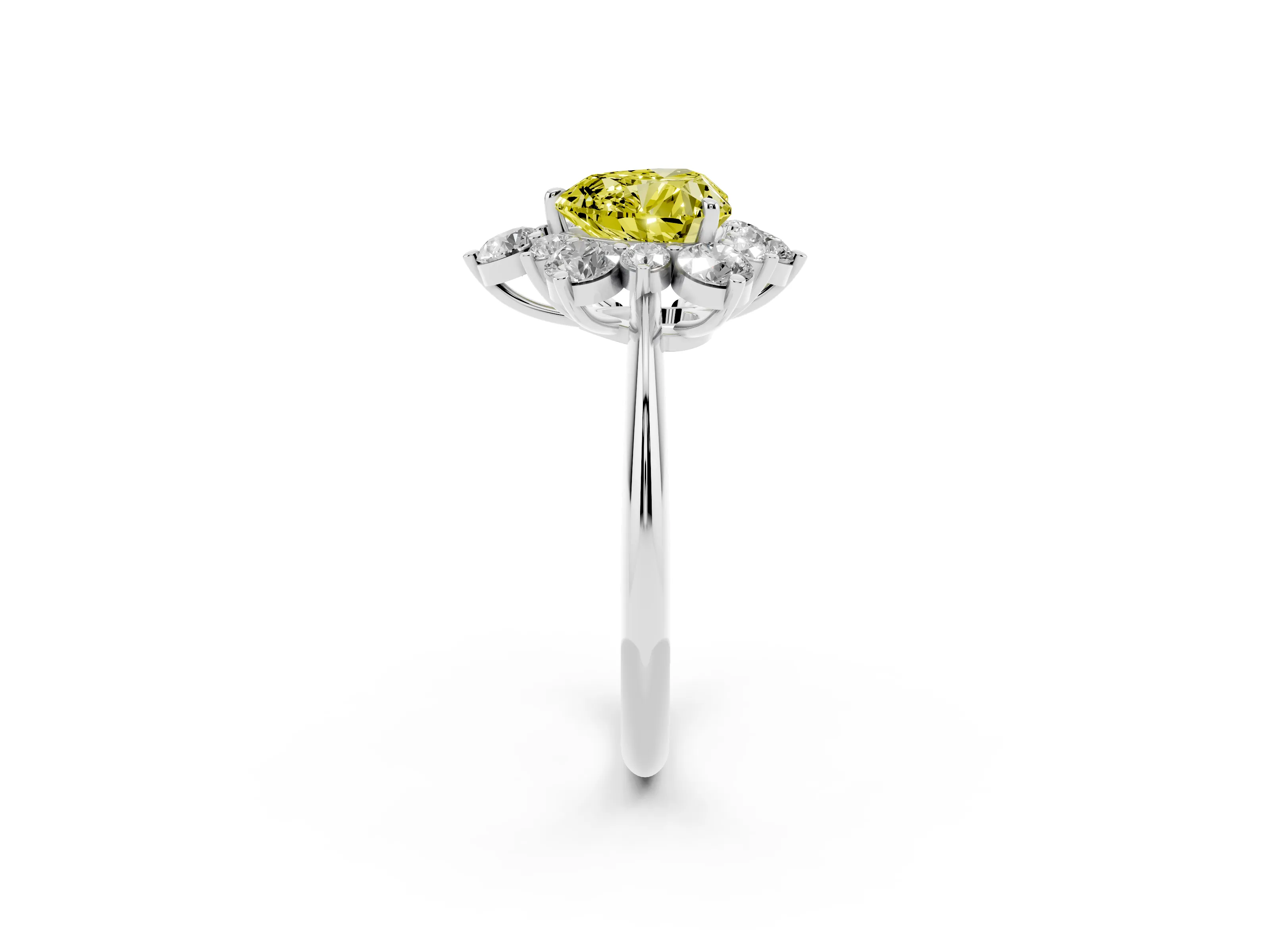 Fancy Yellow Heart Cut Diamond Cluster Halo Ring Set in White gold with Solitaire Band and Prong Setting