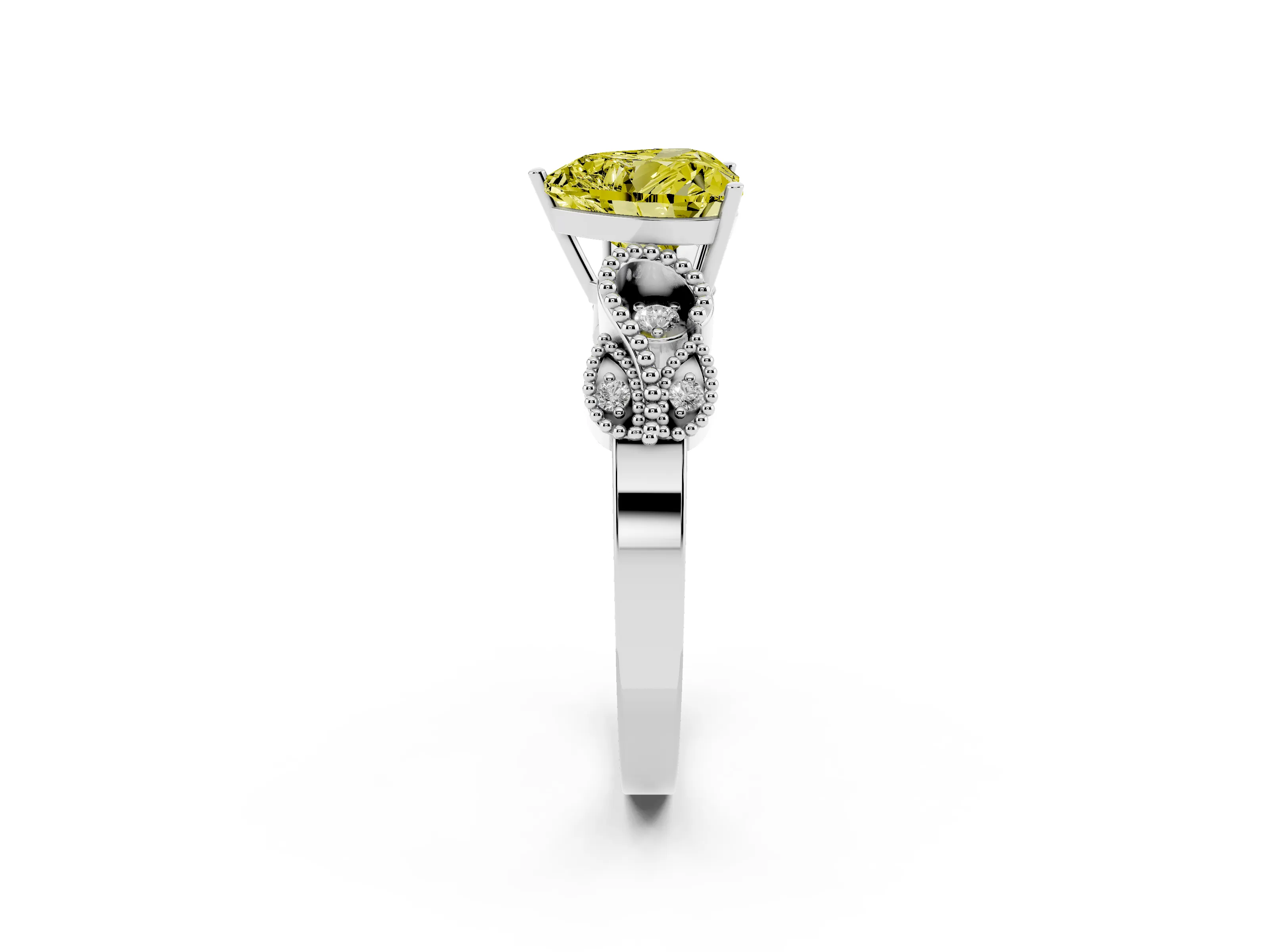 Fancy Yellow Heart Cut Diamond Milgrain Leaf Band Solitaire Ring Set in White gold with Accent Stones and Prong Setting