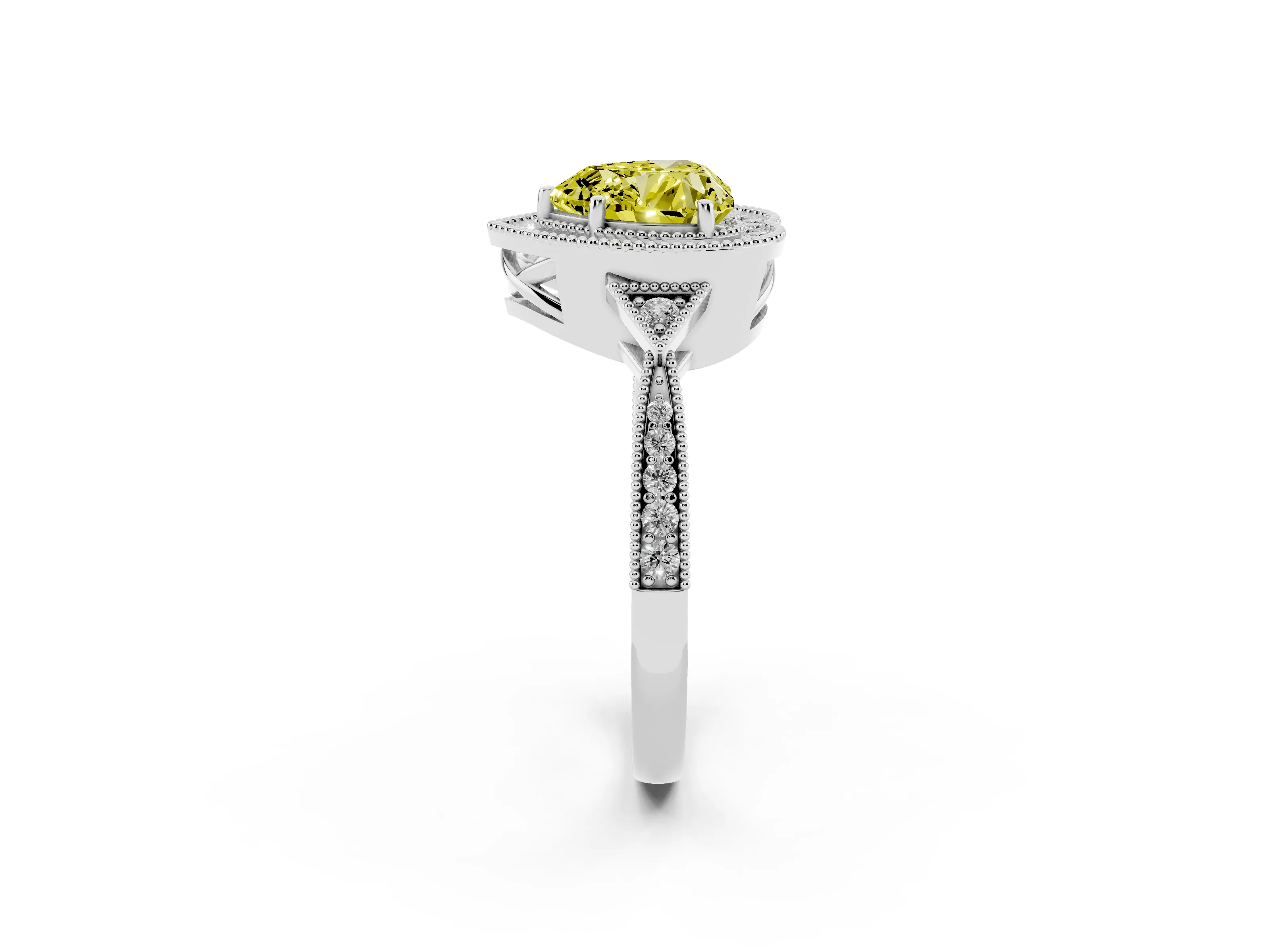 Fancy Yellow Heart Cut Diamond Halo Engagement Ring Set in White gold with Milgrain Pavé Band