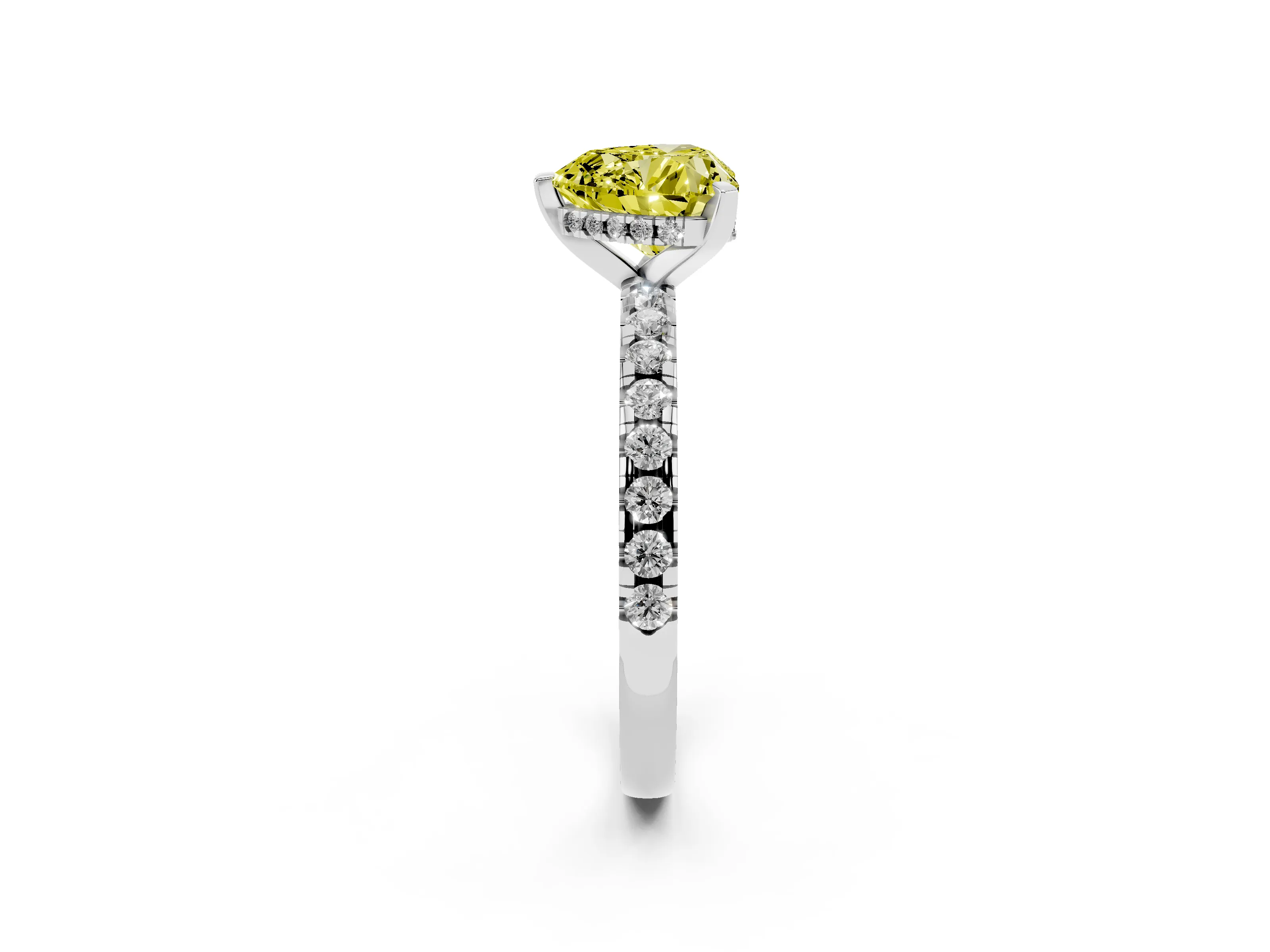 Fancy Yellow Heart Cut Diamond Pavé Solitaire Ring Set in White gold with Round Band Accents and Prong Setting