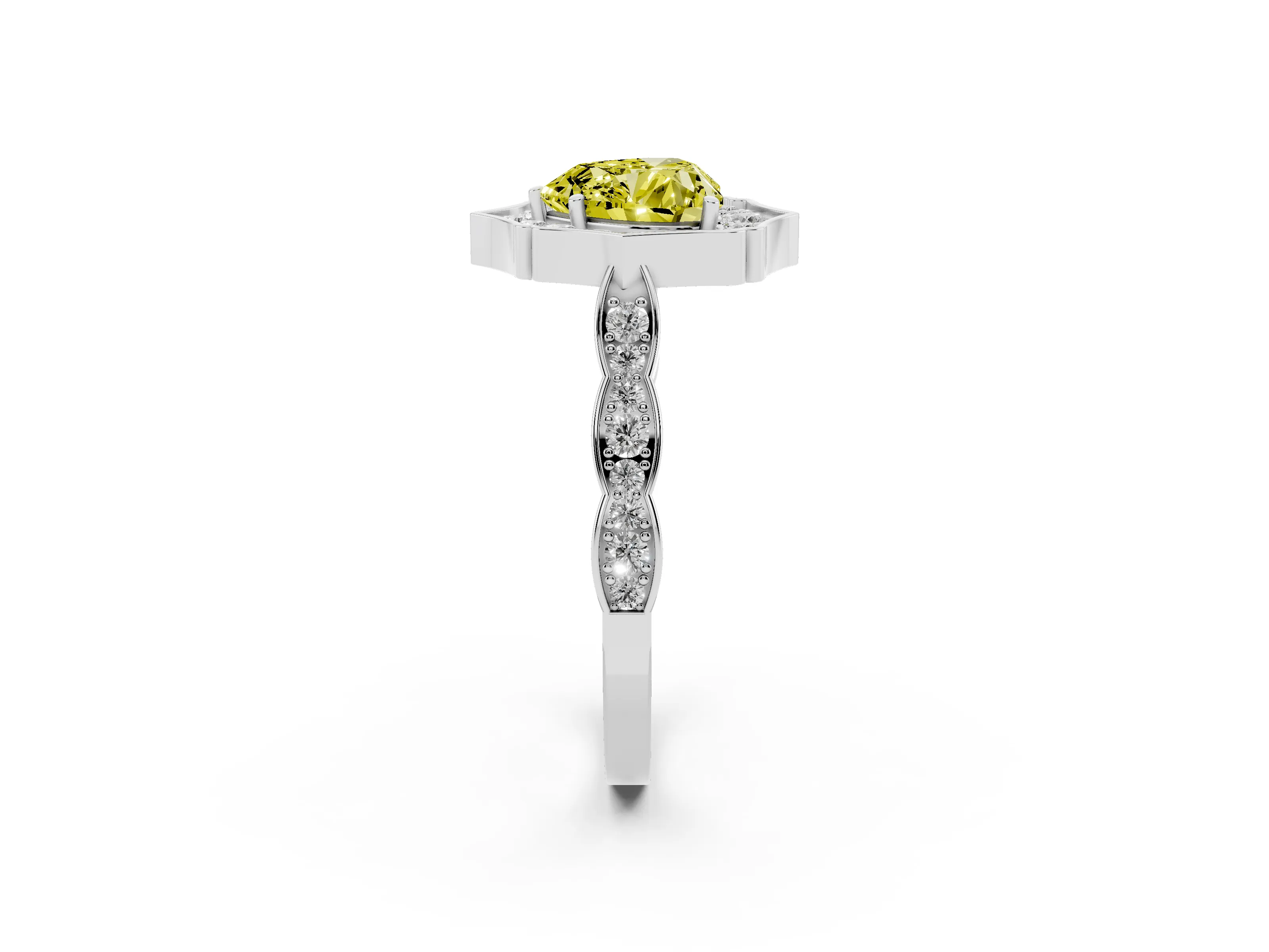 Fancy Yellow Heart Cut Diamond Halo Engagement Ring Set in White gold with Milgrain Band and Prong Setting
